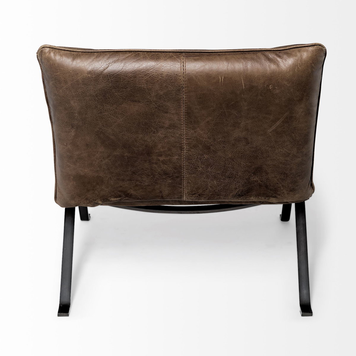Flavelle I Brown Leather Cushion Seat and Solid Iron Base Accent Chair, by Mercana, 28.35" length x 33.07" width x 27.53" height View 5