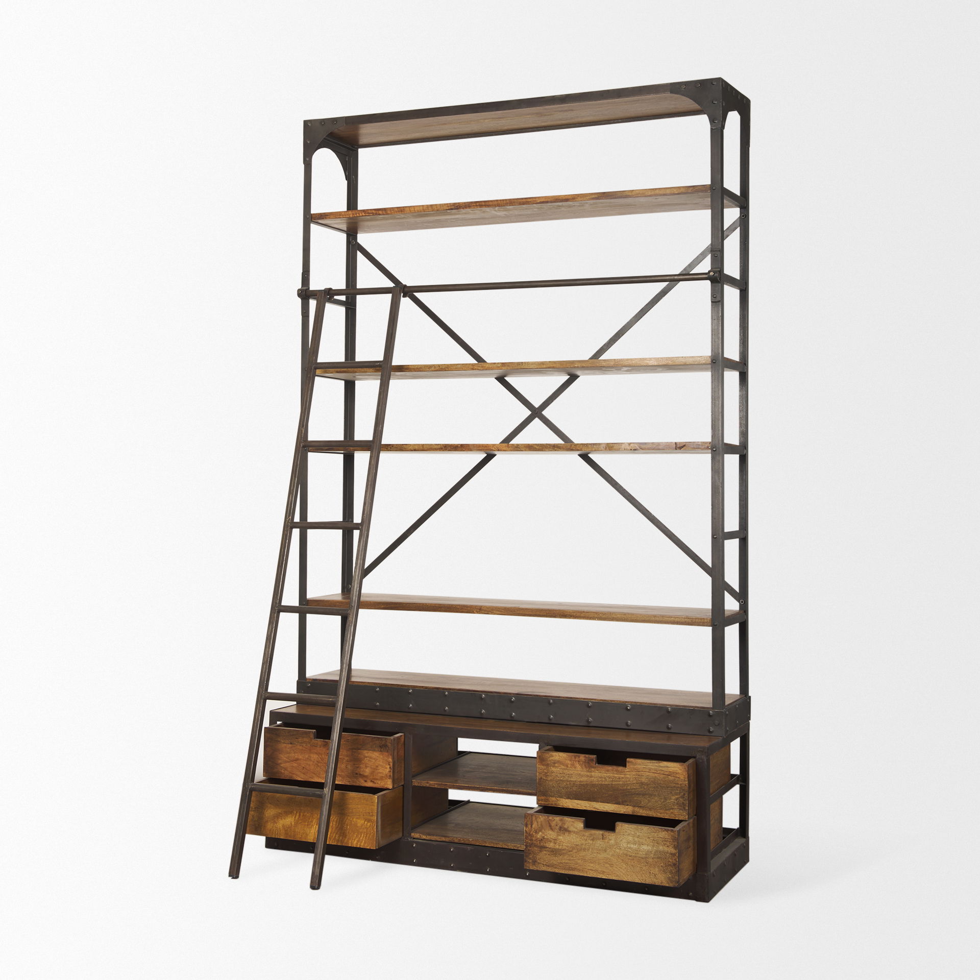 Brodie II Medium Brown Wood Black Ladder Four Shelf Shelving Unit 57L x 20.5W x94H, Shelving & Bookcase by Mercana, 57" length x 19.5" width x 94" height View 7