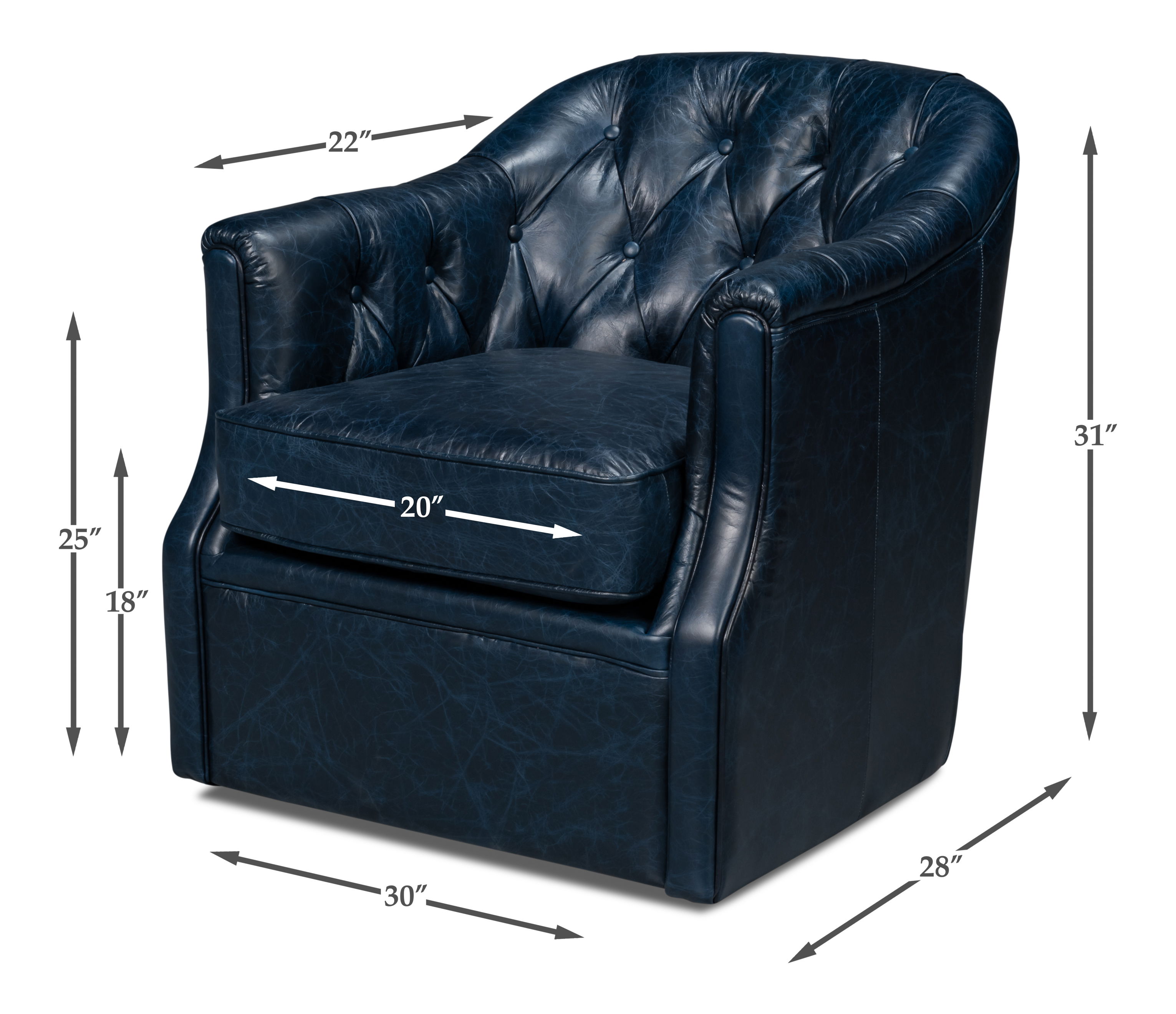 Coolidge Leather Swivel Chair, Blue, Seating by Sarreid, 30" length x 28" width x 31" height View 15