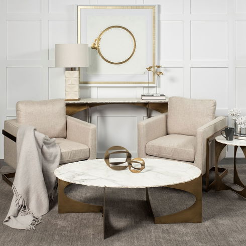 Reinhold 48x30 Oval Marble Top Gold Metal Base Coffee Table