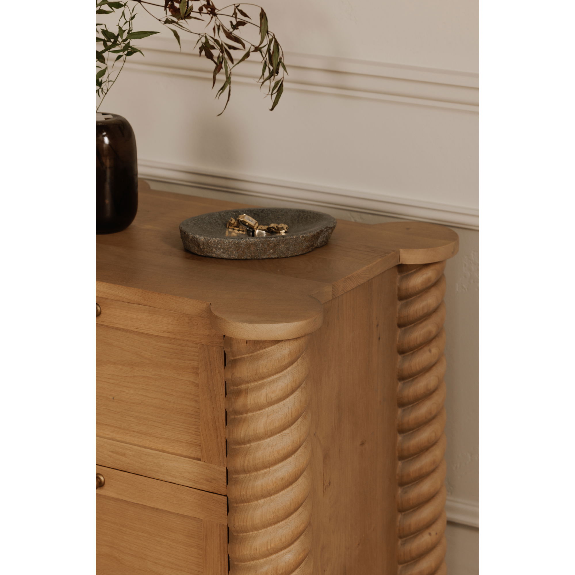 Treccia 2 Drawer Nightstand Oak, by Moe's Home, 27.5" width x 25.25" height x 21.5" depth View 11