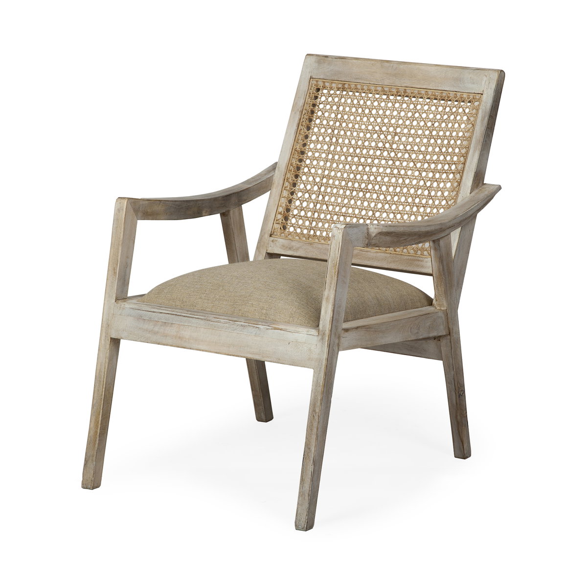 Teryn Cream Linen Seat And Natural Wooden Base with Mesh Back Accent Chair, by Mercana, 24" length x 31" width x 31.25" height View 1