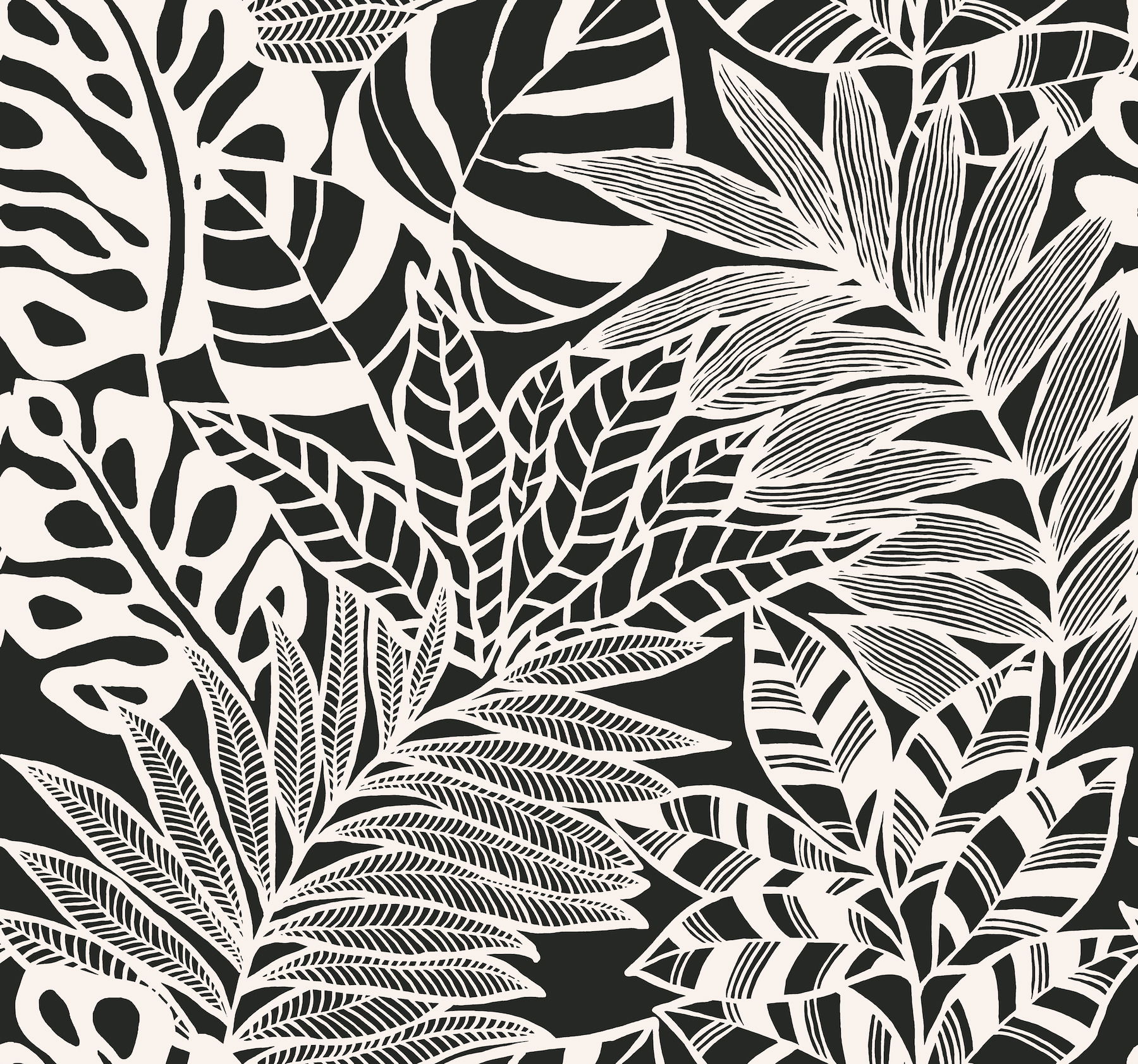 Jungle Leaves Black & White Wallpaper large image 