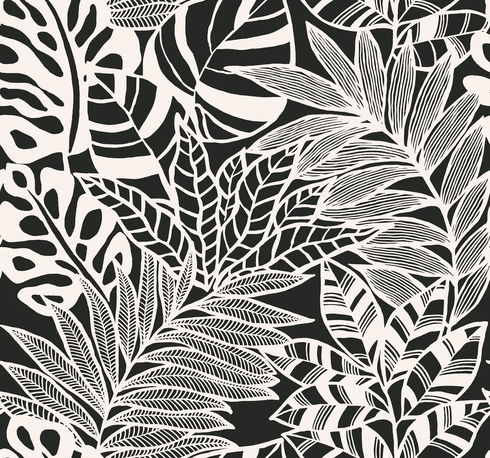 Jungle Leaves Black & White Wallpaper
