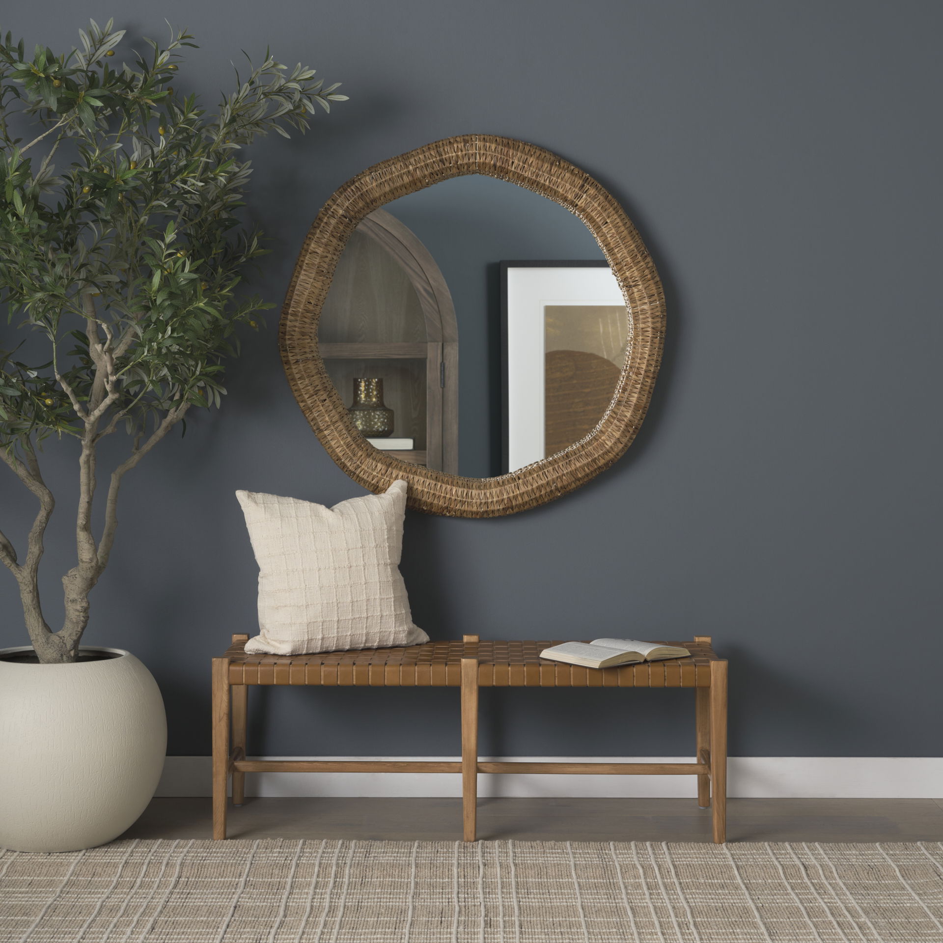 Shane Brown Wood with Woven Brown Leather Bench large image 