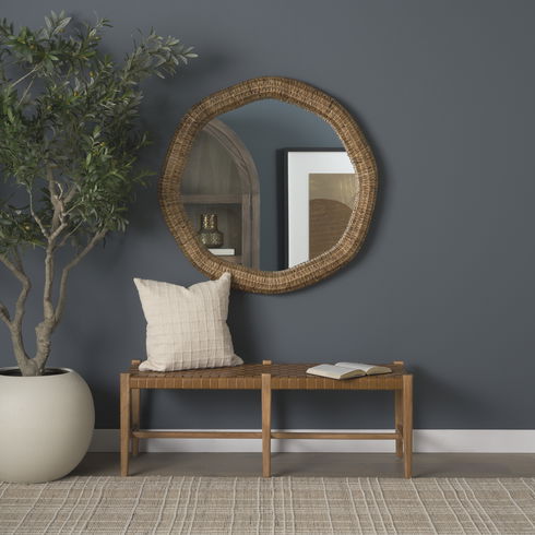 Shane Brown Wood with Woven Brown Leather Bench