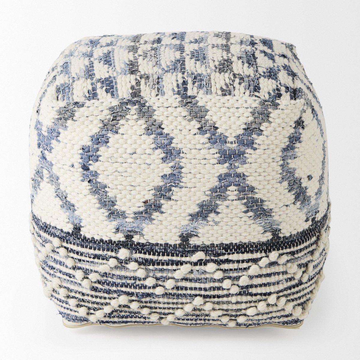 Eshana  Cream Wool and Denim Patterned Pouf, Ottoman by Mercana, 16" length x 16" width x 16" height View 4