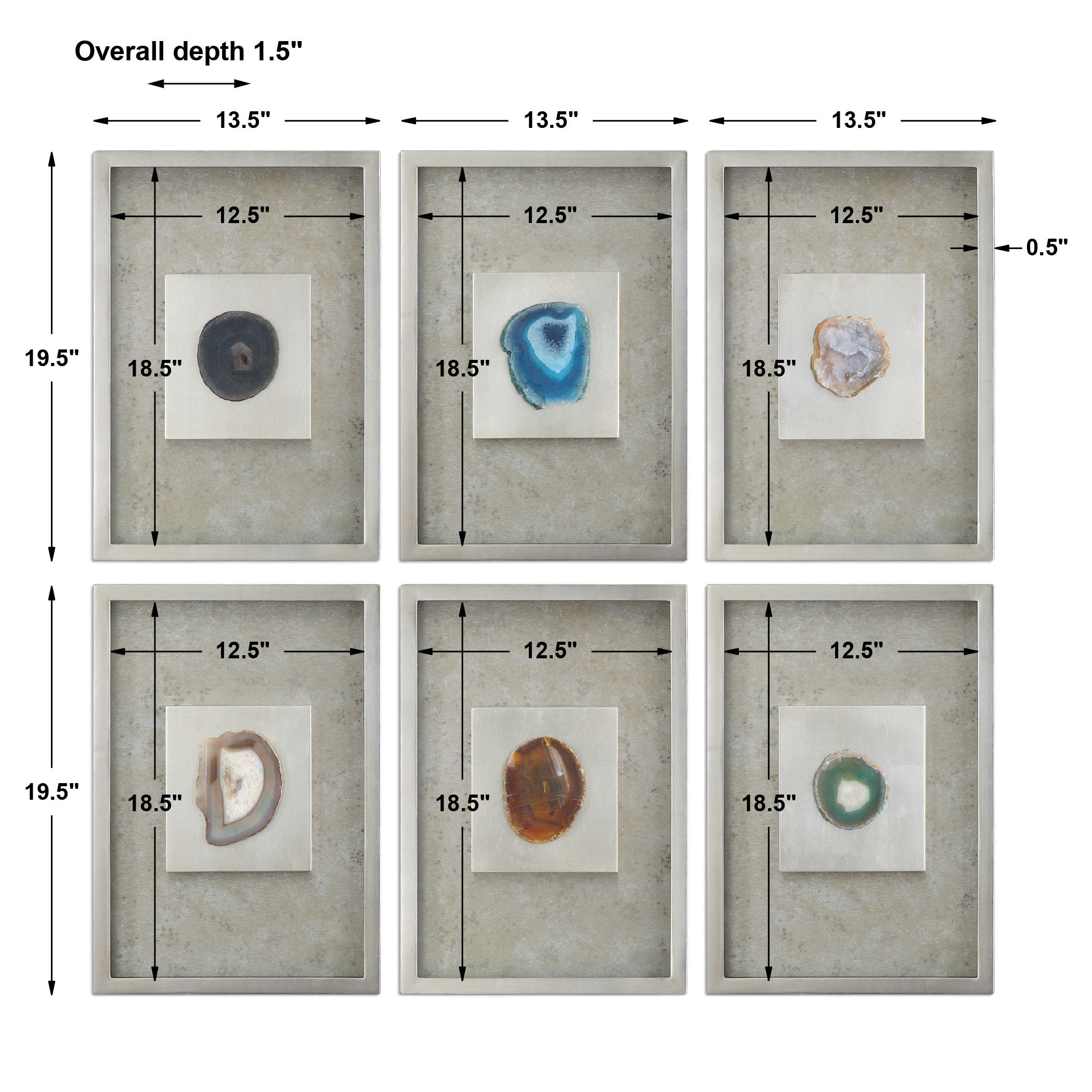 Agate Stone Silver Wall Art Set/6, Sculptural Wall Art by Uttermost, 13.5" width x 19.5" height x 1.5" depth View 3