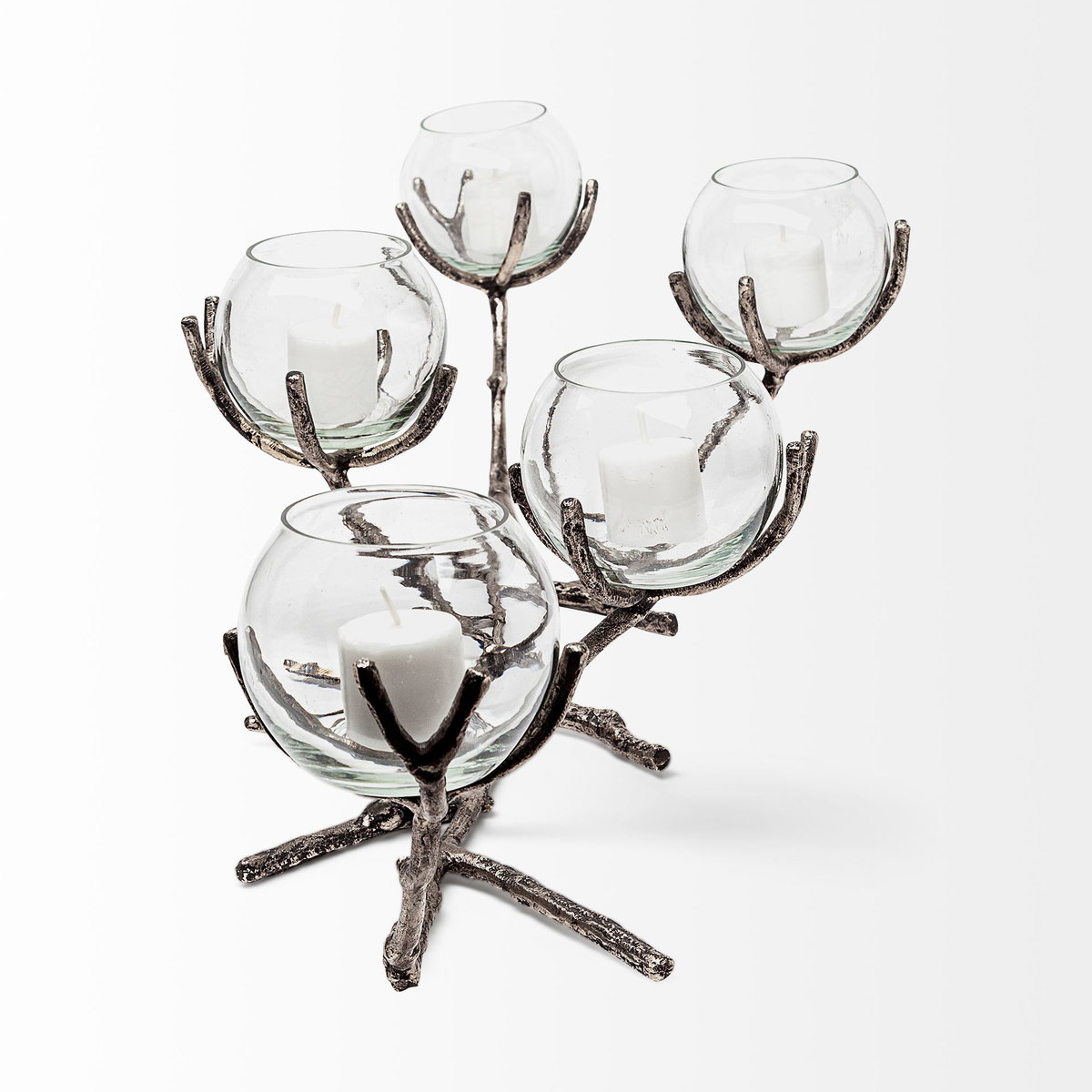 Vine I Distressed Silver Metal Creeper Five Candle Table Candle Holder, Candles & Candle Holder by Mercana, 30" length x 12" width x 9" height View 3