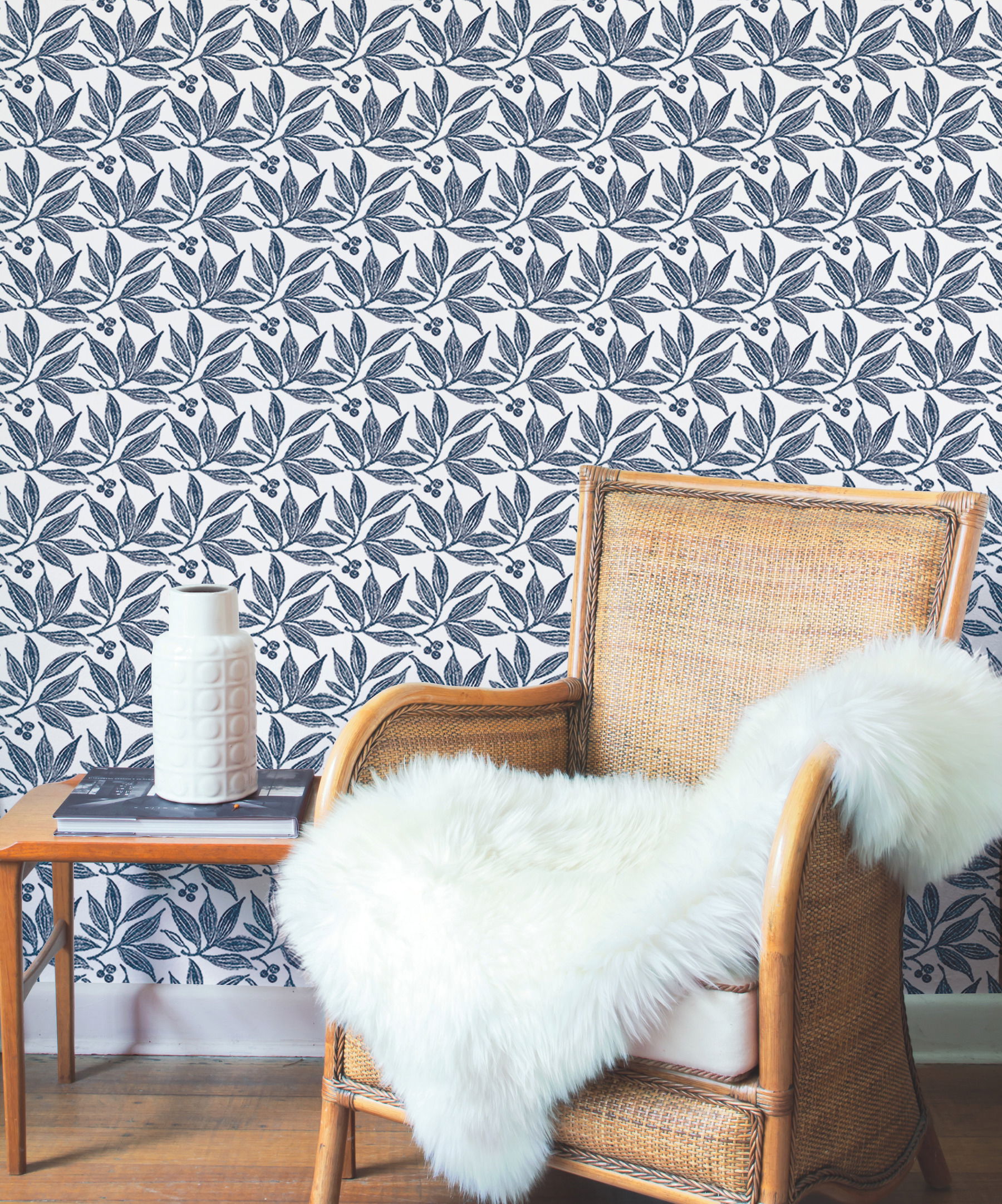 Chokeberry Block Print Navy & White Wallpaper large image 