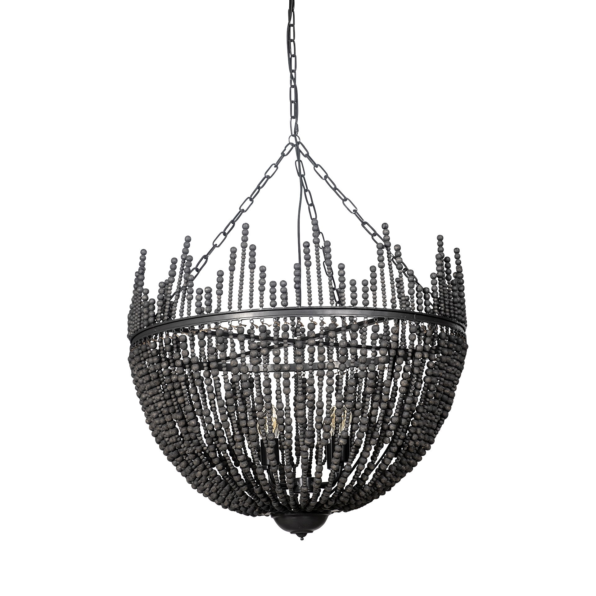 Liam I 32x30 Black Wooden Bead Bowl-Style Four Bulb Chandelier, by Mercana, 32.28" length x 32.28" width x 30" height View 1