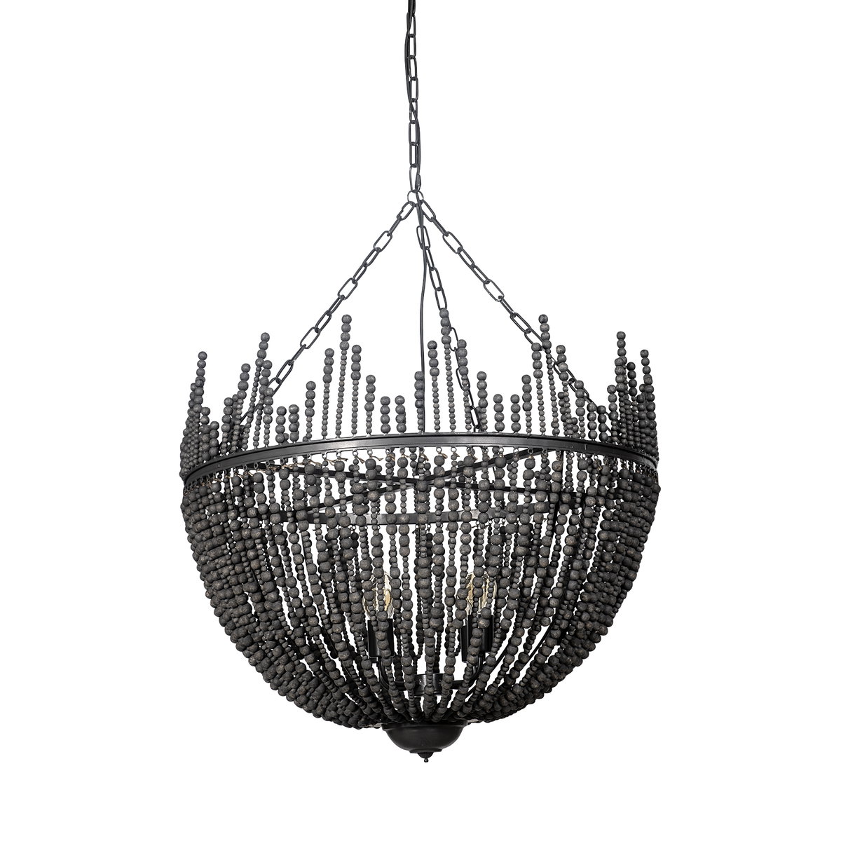Liam I 32x30 Black Wooden Bead Bowl-Style Four Bulb Chandelier, by Mercana, 32.28" length x 32.28" width x 30" height View 1
