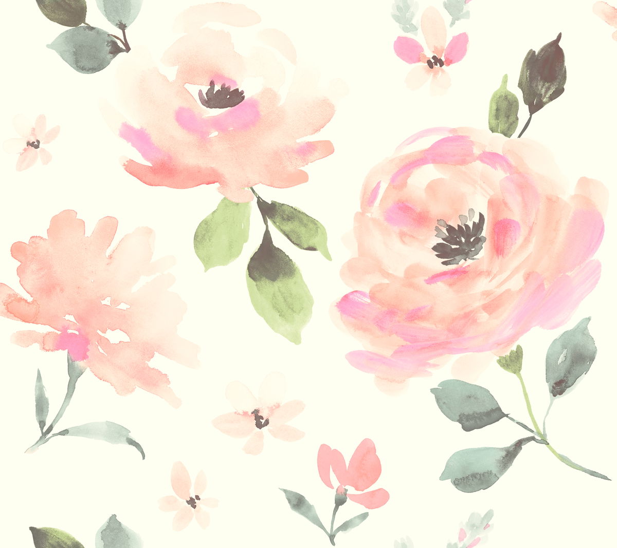 Watercolor Blooms Pinks & Oranges Wallpaper, by York Wall, 27' length x 2'3" width x 0.02" depth