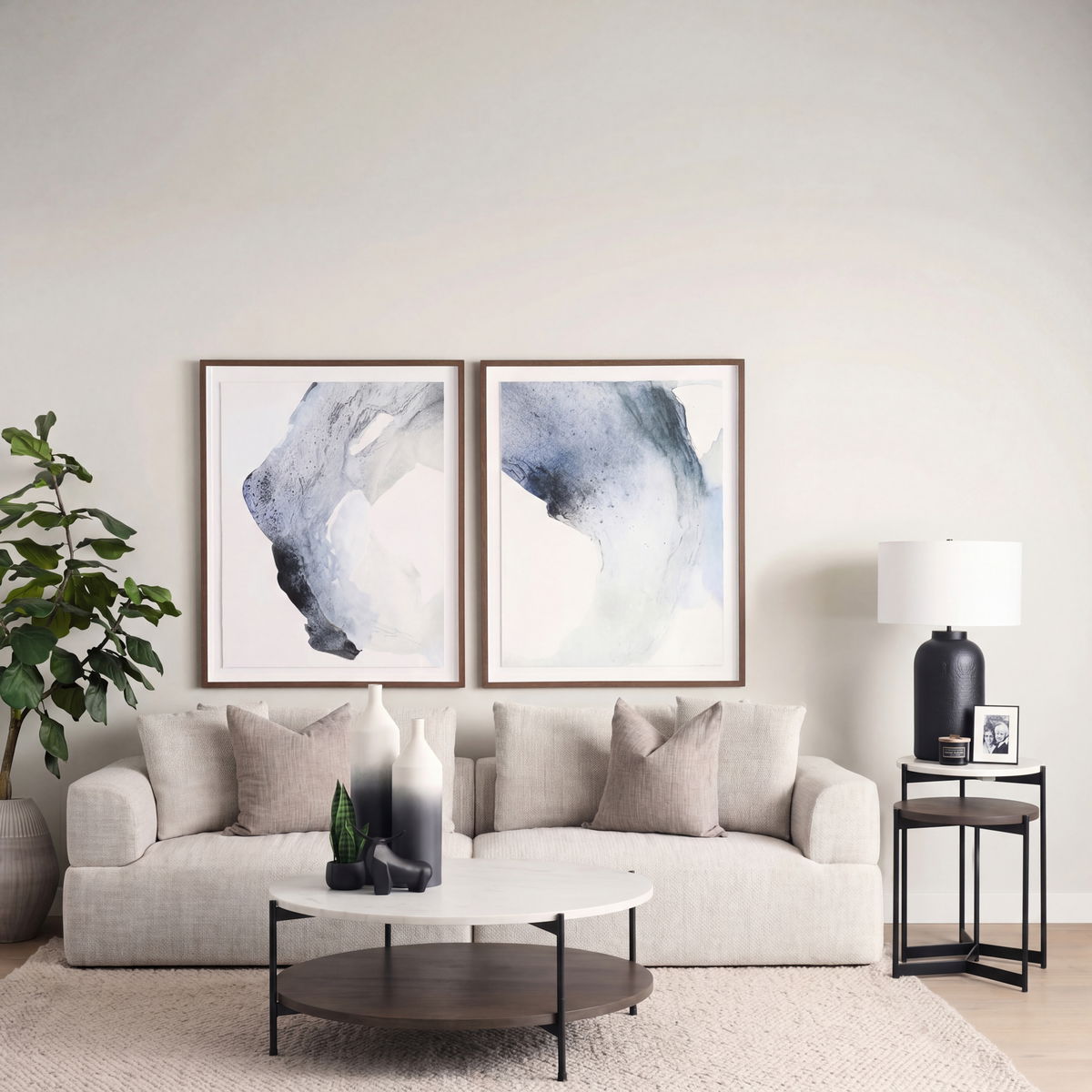 Larkin 42' Round Two-Tier White Marble Top and Solid Wood Shelf with Black Metal Frame Coffee Table, by Mercana, 43.5" length x 43.5" width x 16" height View 2