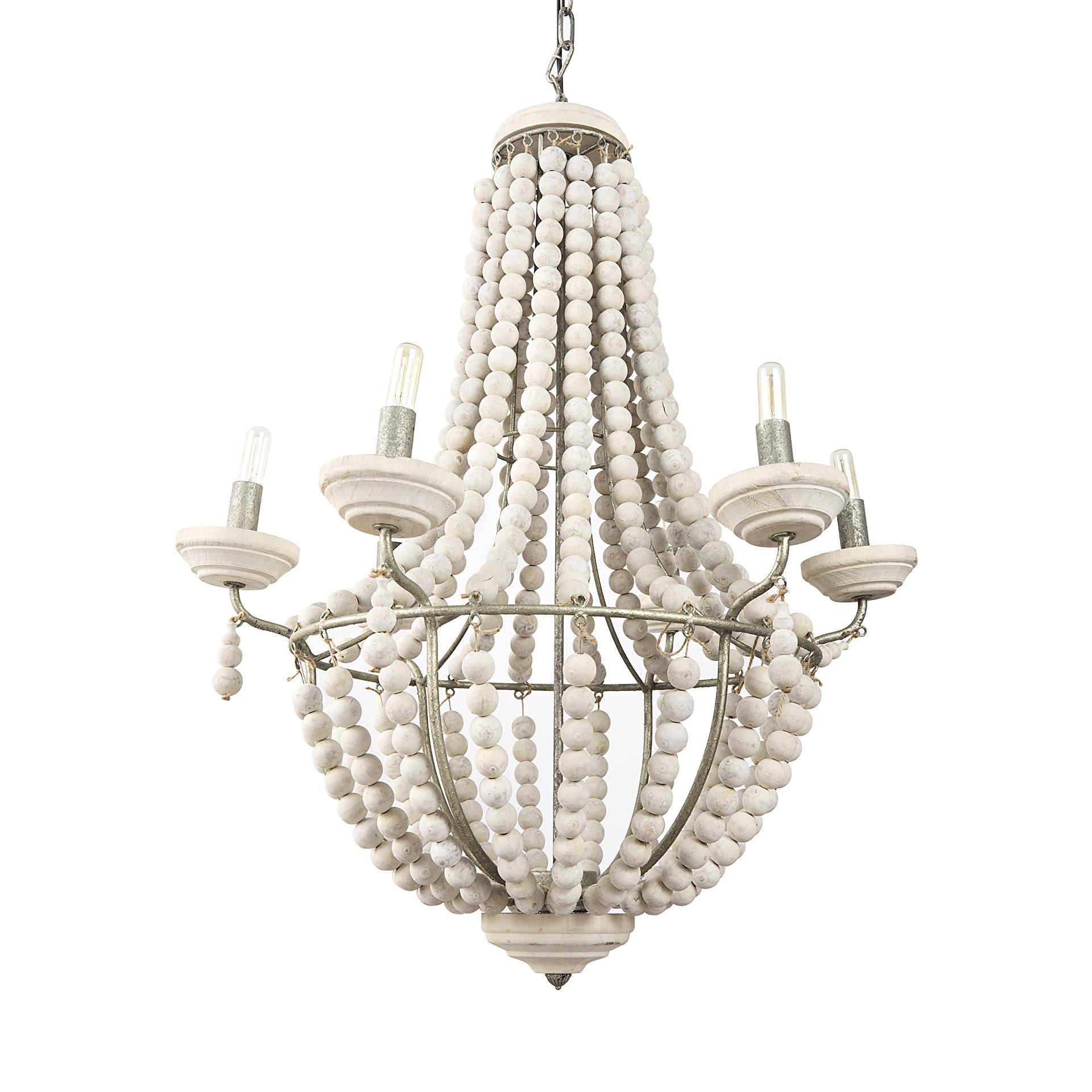 Phillum (29'x37') Silver Metal Chassis and White Wood Beaded Six Bulb Chandelier, by Mercana, 29" length x 29" width x 37" height View 1