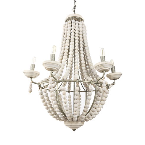 Phillum (29"x37") Silver Metal Chassis and White Wood Beaded Six Bulb Chandelier