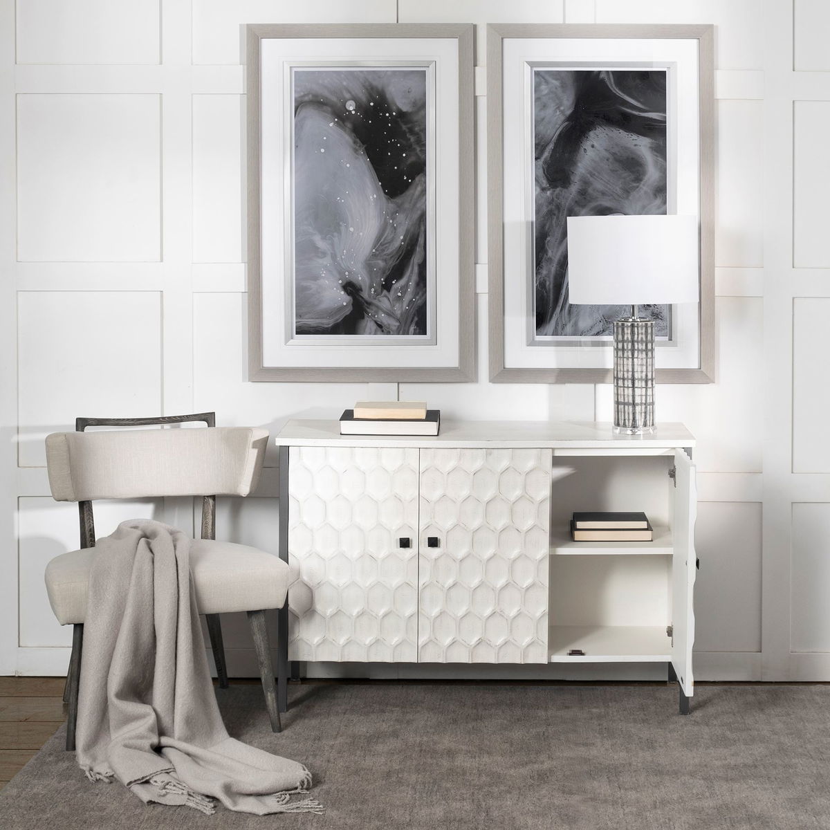 Savannah White Fir Veneer & Gray Metal 3-Door Accent Cabinet, Cabinets & Chest by Mercana, 47.24" length x 15.75" width x 31.5" height View 2