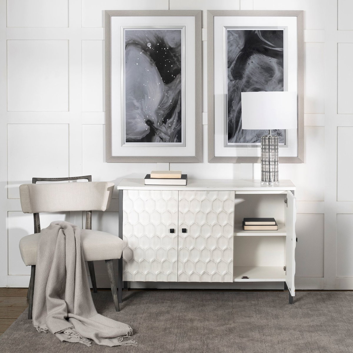 Savannah White Fir Veneer & Gray Metal 3-Door Accent Cabinet, Cabinets & Chest by Mercana, 47.24" length x 15.75" width x 31.5" height View 2