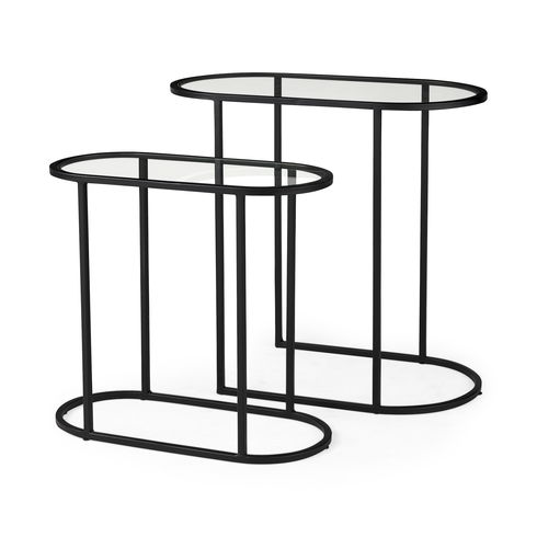 Celine 24.2 L x 12.6 W x 22.4 H Set of Two Black/Silver Metal and Glass Nesting Accent Tables