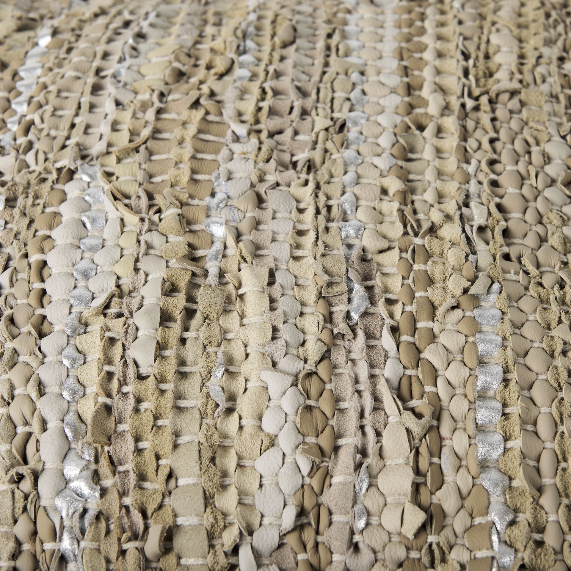 Aadhya  Taupe/Silver Leather and Cotton Pouf, Ottoman by Mercana, 16" length x 16" width x 16" height View 7