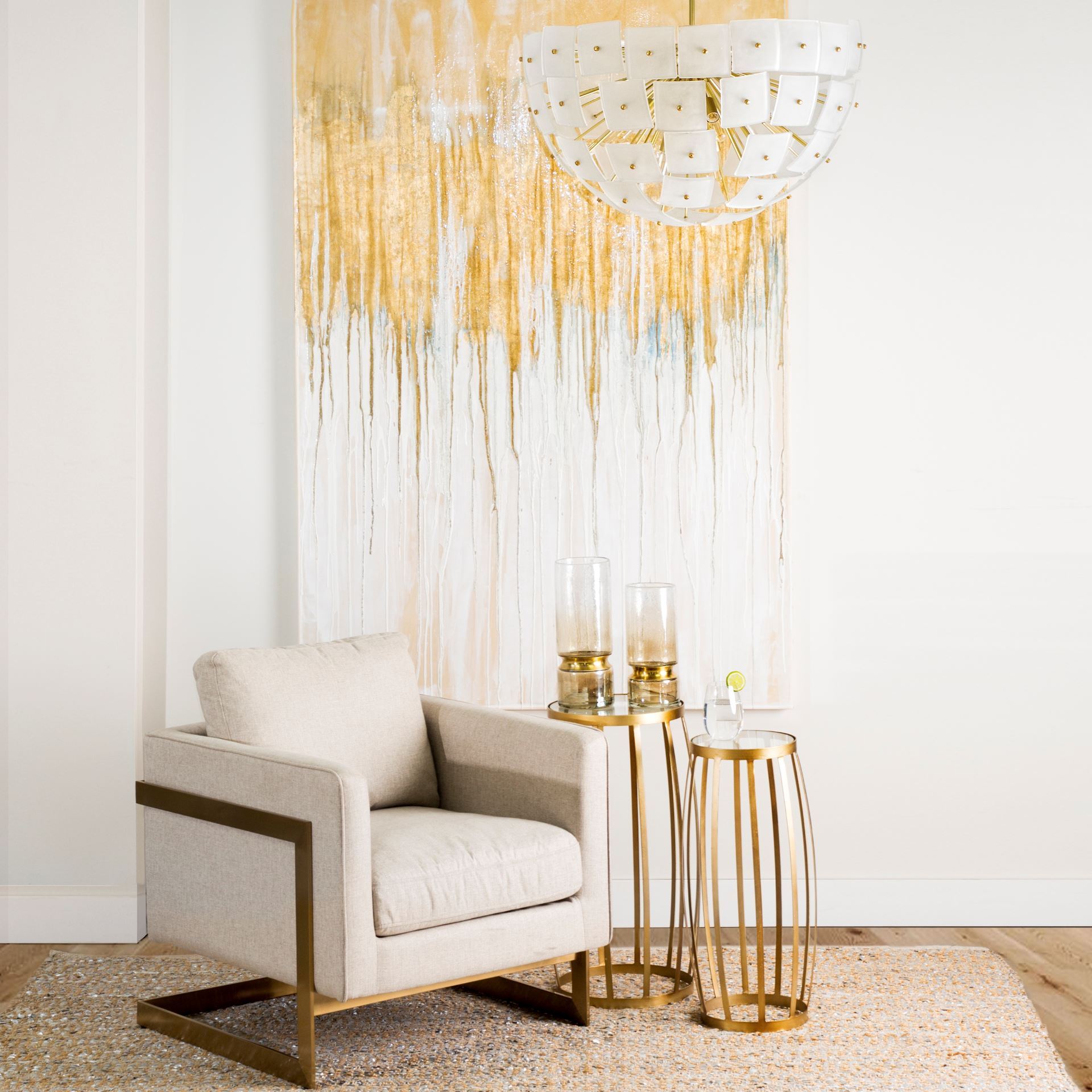 Rupert Cream Poly-Linen Seat with Gold Stainless Steel Frame Accent Chair, by Mercana, 28.5" length x 31" width x 32" height View 2