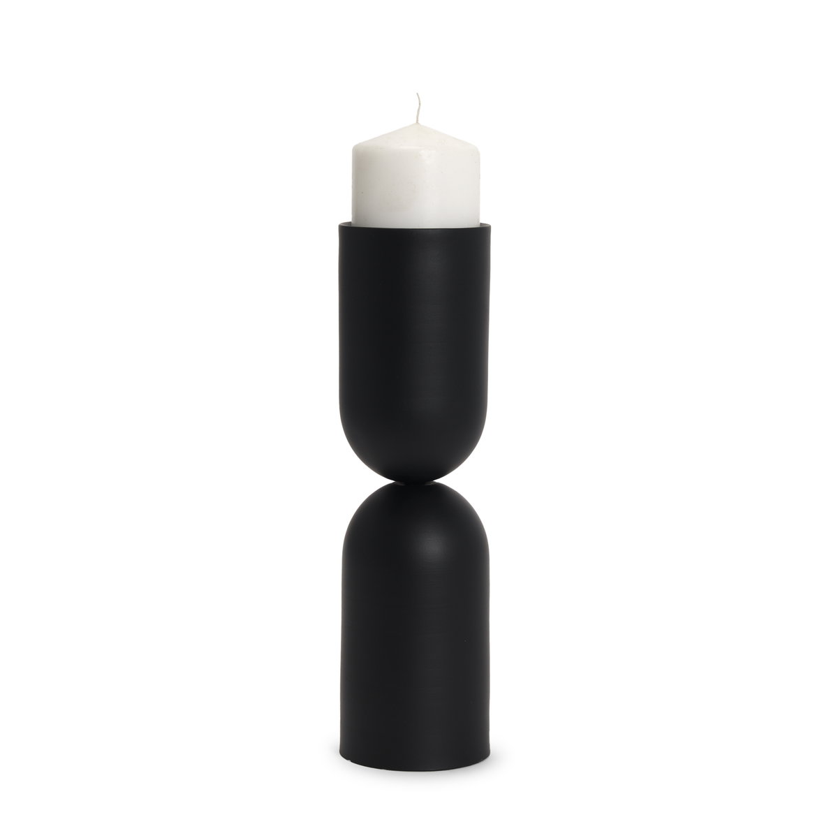 Qamra Tall Black Metal Pillar Candle Holder, Candles & Candle Holder by Mercana, 3.5" length x 3.5" width x 12.5" height View 1
