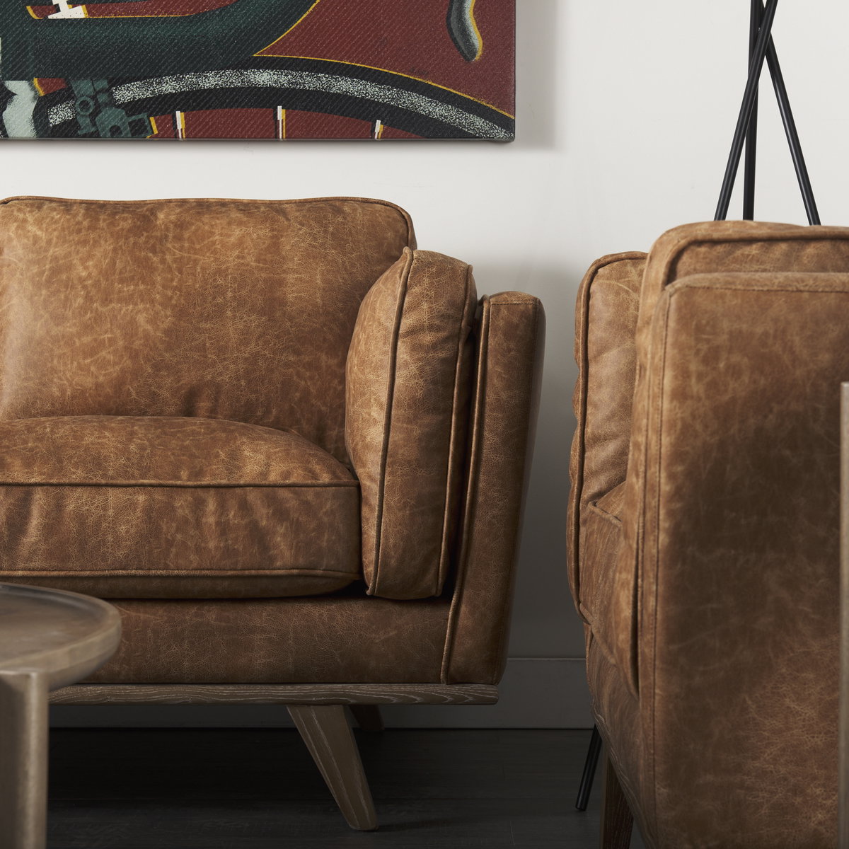 Brooks  Cognac Brown Faux Leather Three Seater Sofa with Medium Brown Wooden Legs, Sofas & Sectional by Mercana, 90.16" length x 34.84" width x 33.46" height View 5