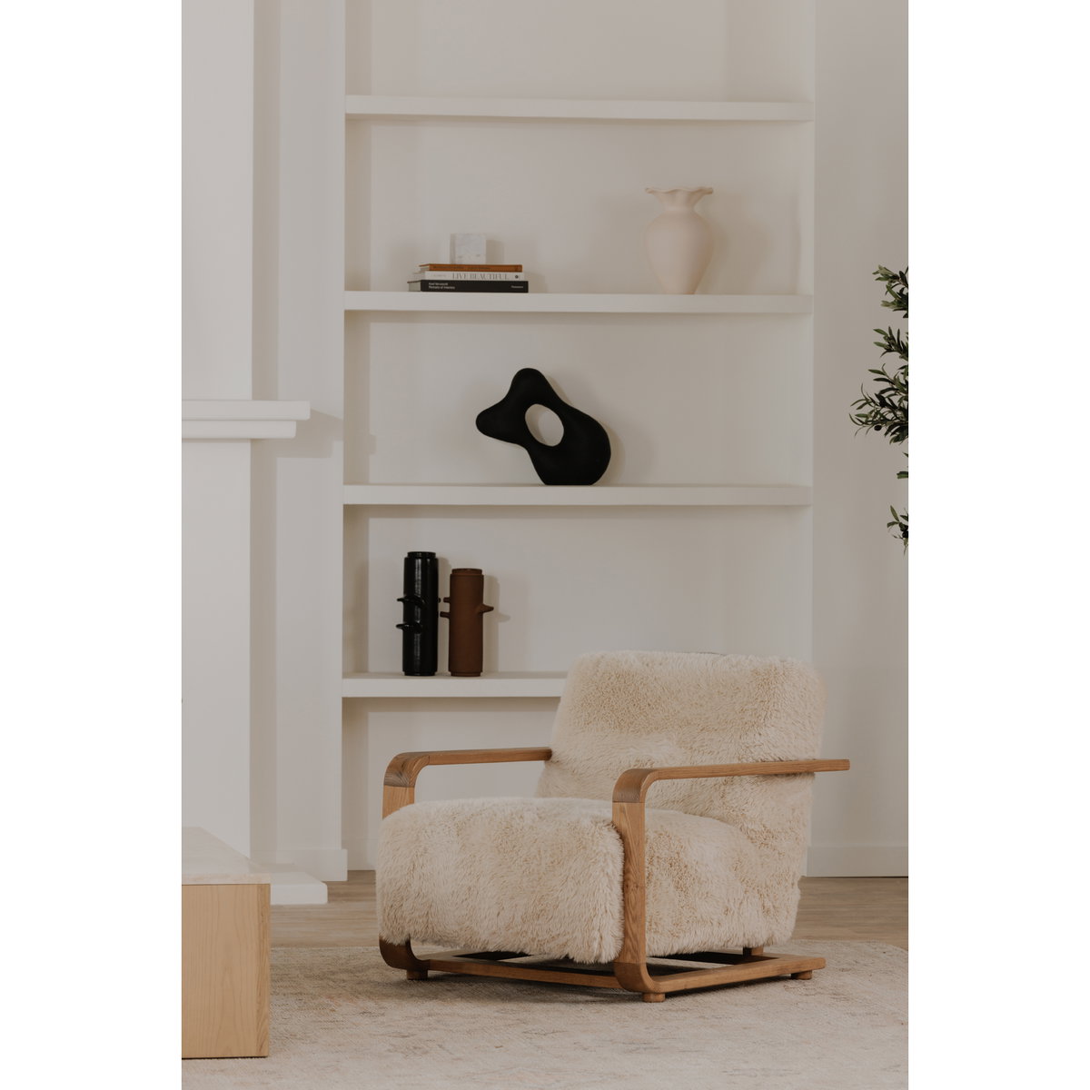Eckersley Lounge Chair Cream Faux Fur, Accent Chair by Moe's Home, 29.5" width x 29" height x 36" depth View 6
