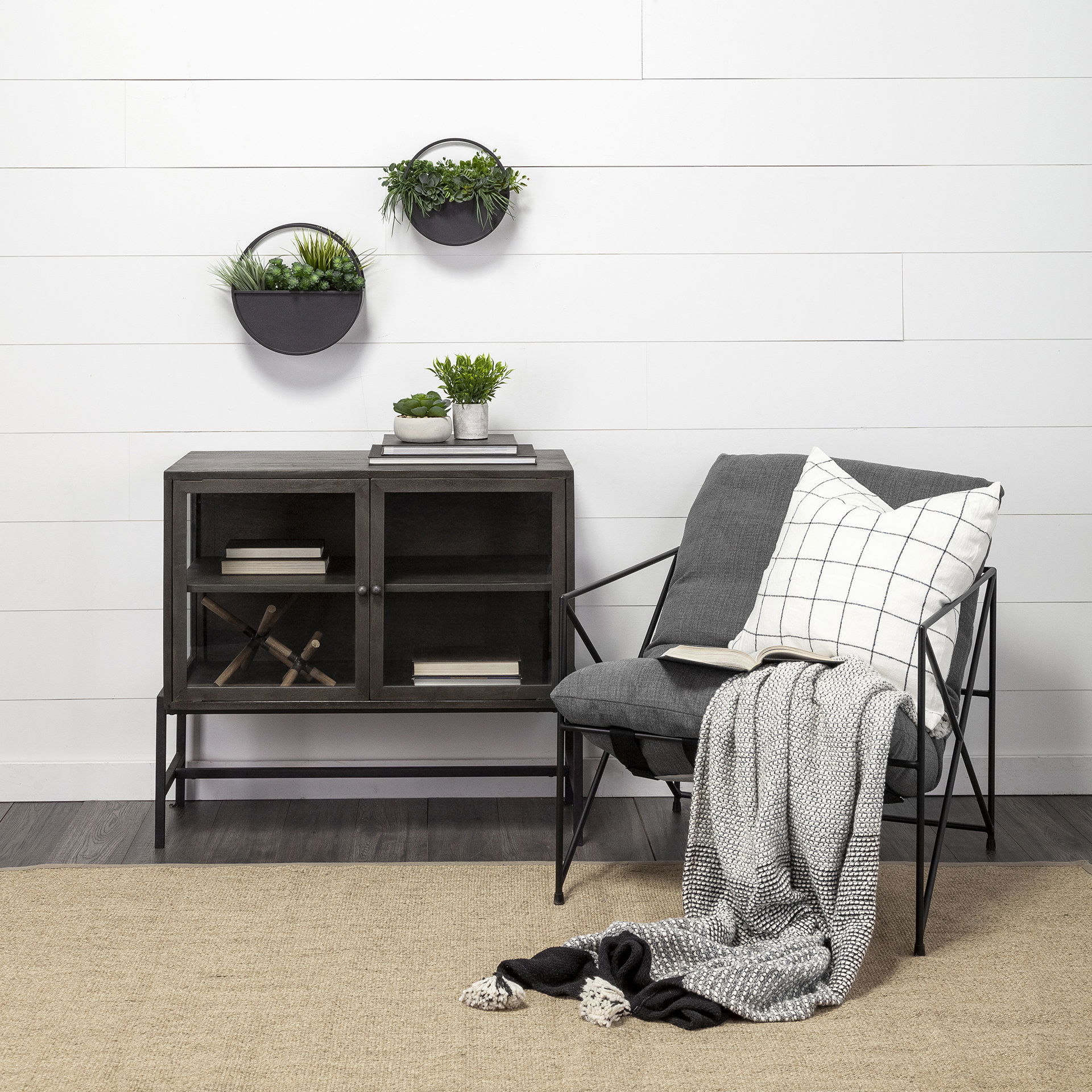 Arelius  36L x 18W Black-Brown Wood, Black Metal Base with 2 Glass Doors Accent Cabinet, Cabinets & Chest by Mercana, 36" length x 18" width x 32" height View 5