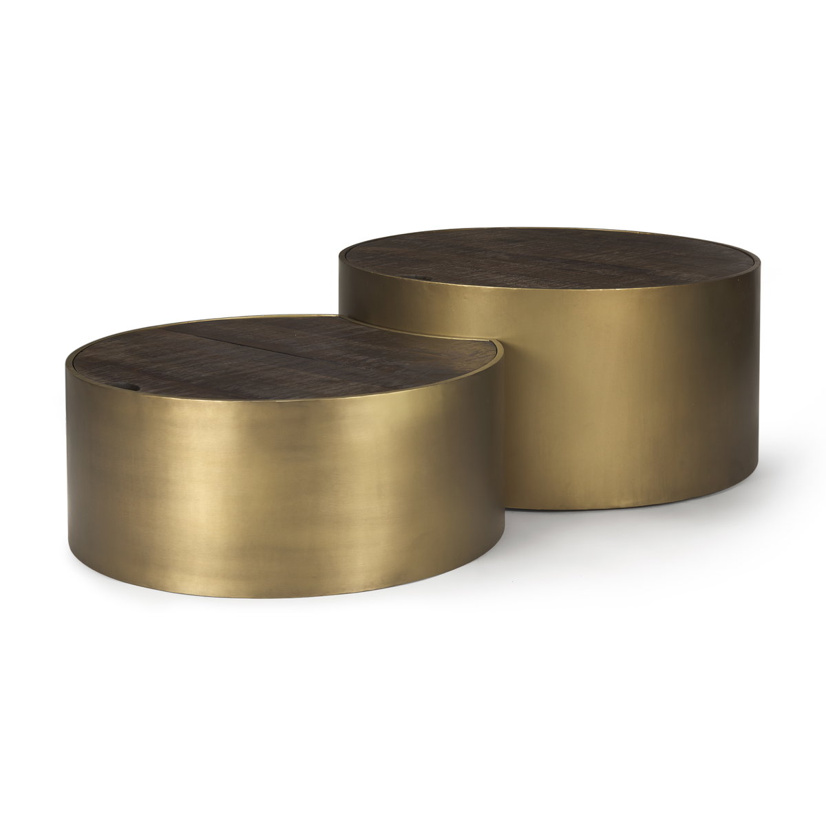 Eclipse Antique Brass Metal Drum Base with Dark Brown Wood Top Nested Coffee Table, by Mercana, 36.22" length x 36.22" width x 17.32" height View 1