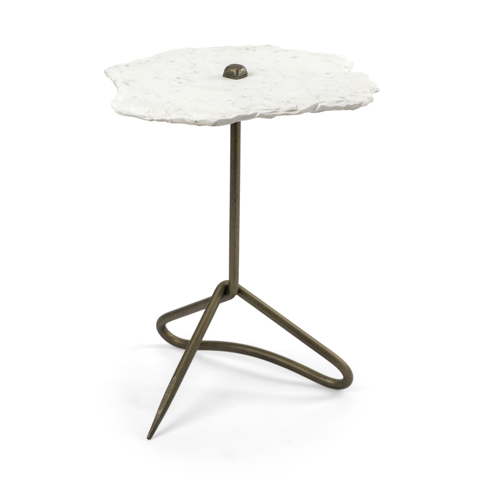Pinera II 19L x 19W White Marble with Triangluar Gold Iron Base Accent Table, Side & End Table by Mercana, 19" length x 19" width x 23" height View 1