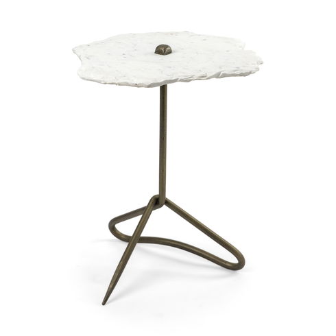 Pinera II 19L x 19W White Marble with Triangluar Gold Iron Base Accent Table