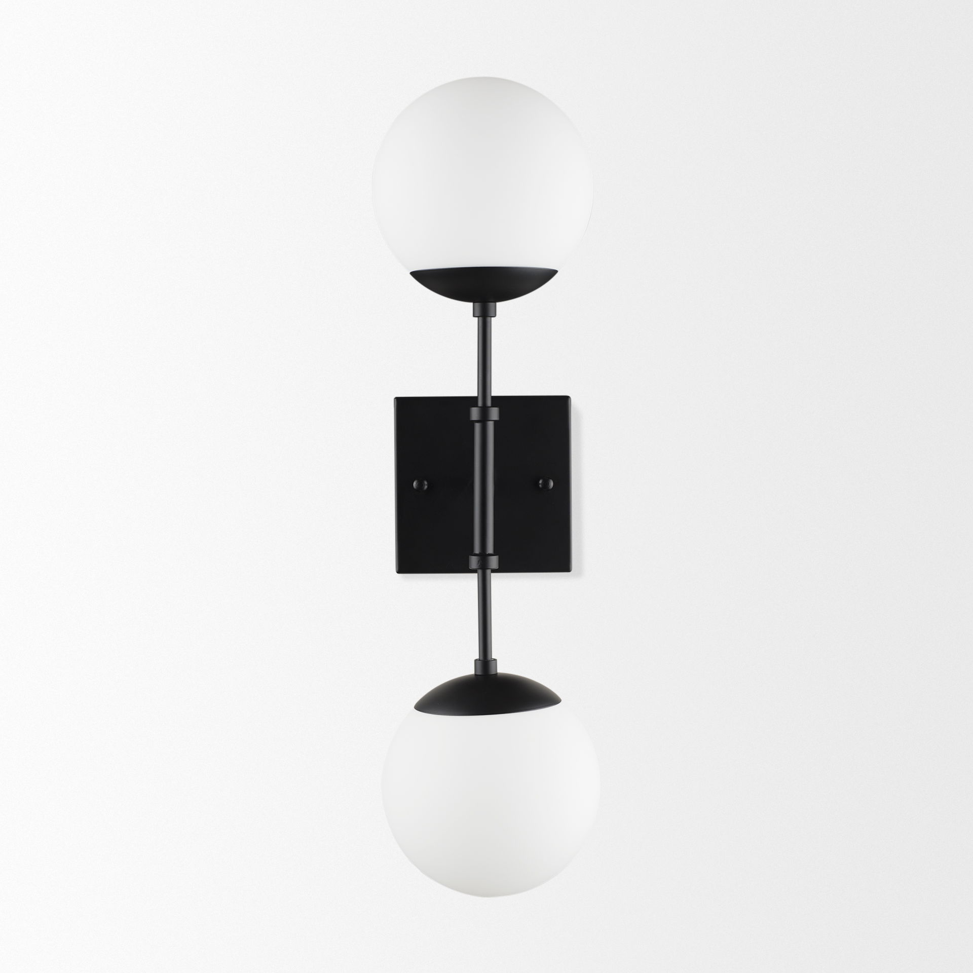 Edie Matte Black Metal with Frosted Glass Globes 2-Light Wall Sconce, by Mercana, 22" length x 7.5" width x 6" height View 3
