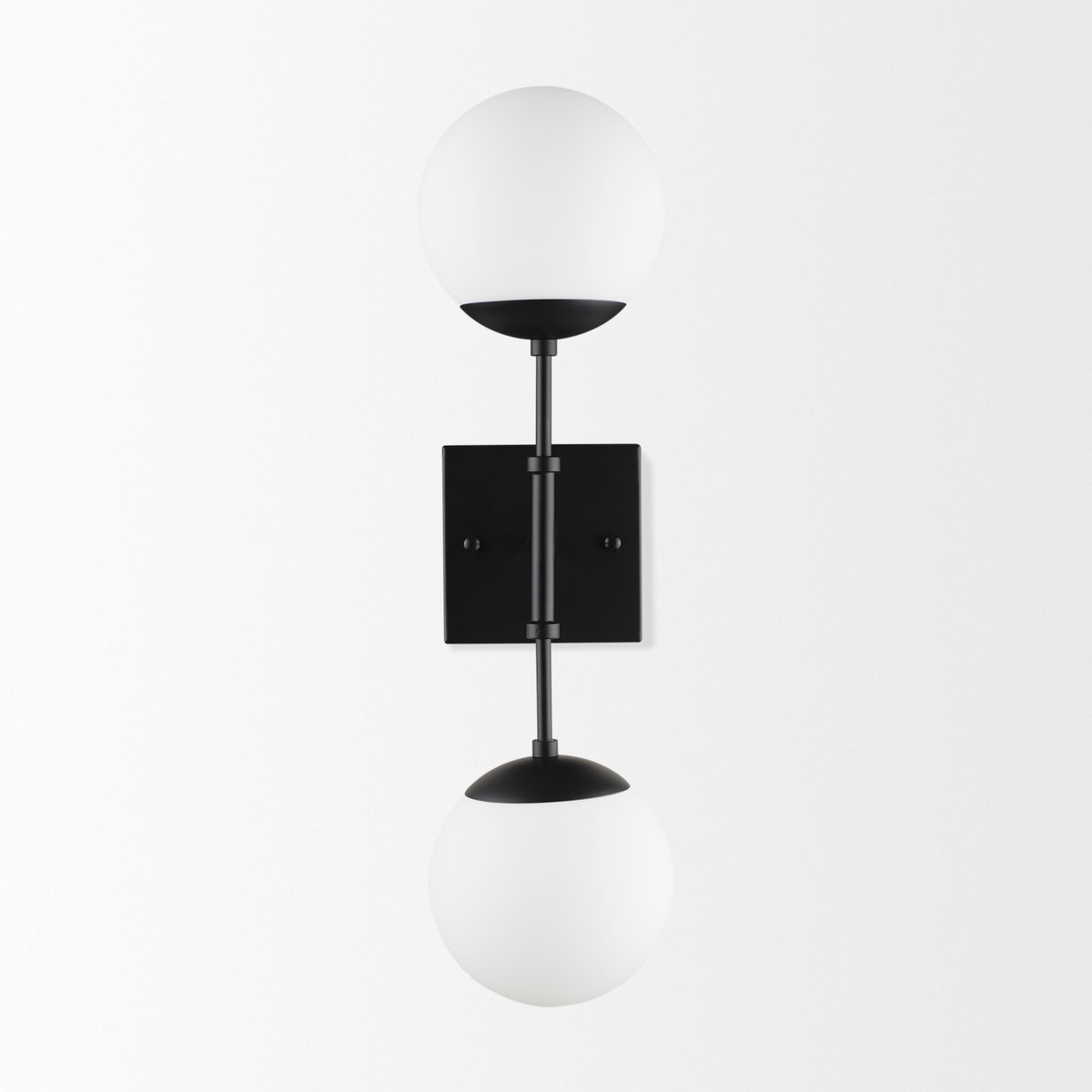 Edie Matte Black Metal with Frosted Glass Globes 2-Light Wall Sconce, by Mercana, 22" length x 7.5" width x 6" height View 3