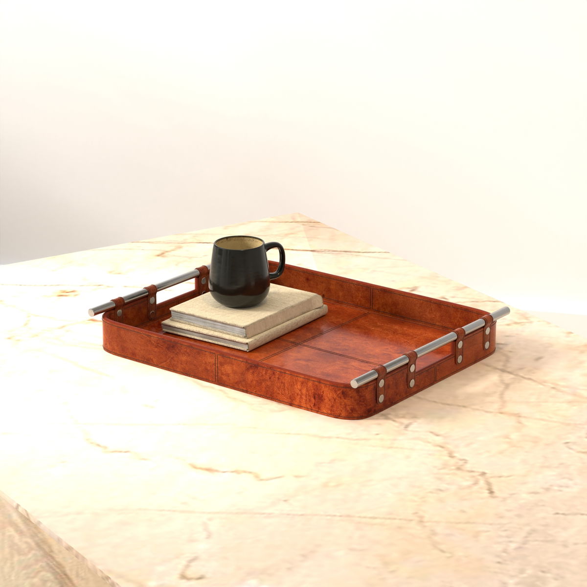 Safari Leather Tray, by Sarreid, 1'3" length x 1'7" width x 2" height View 12