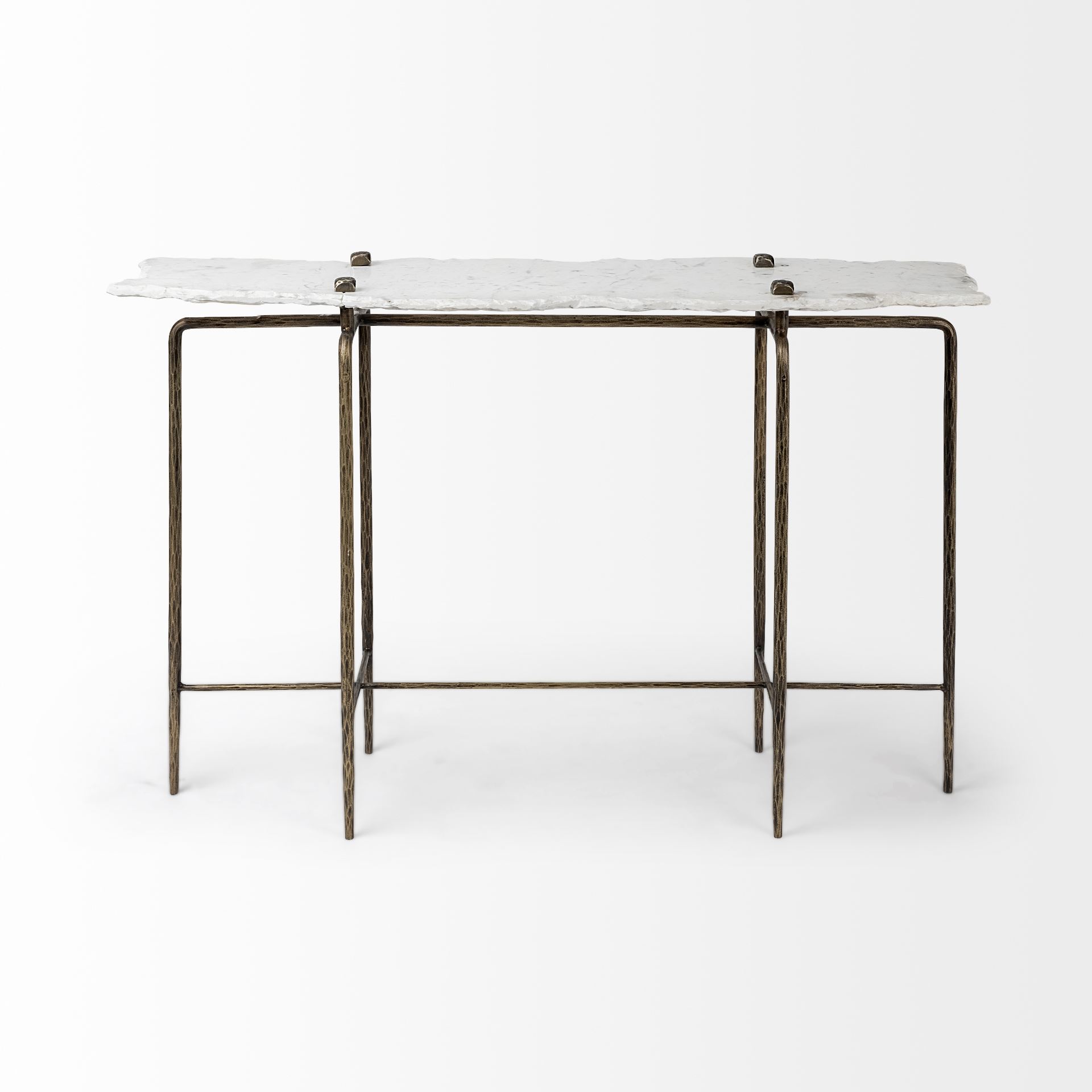 Pinera III 49L x 17W White Marble Top Gold-Toned Iron Base Console Table, by Mercana, 50" length x 16" width x 33" height View 3