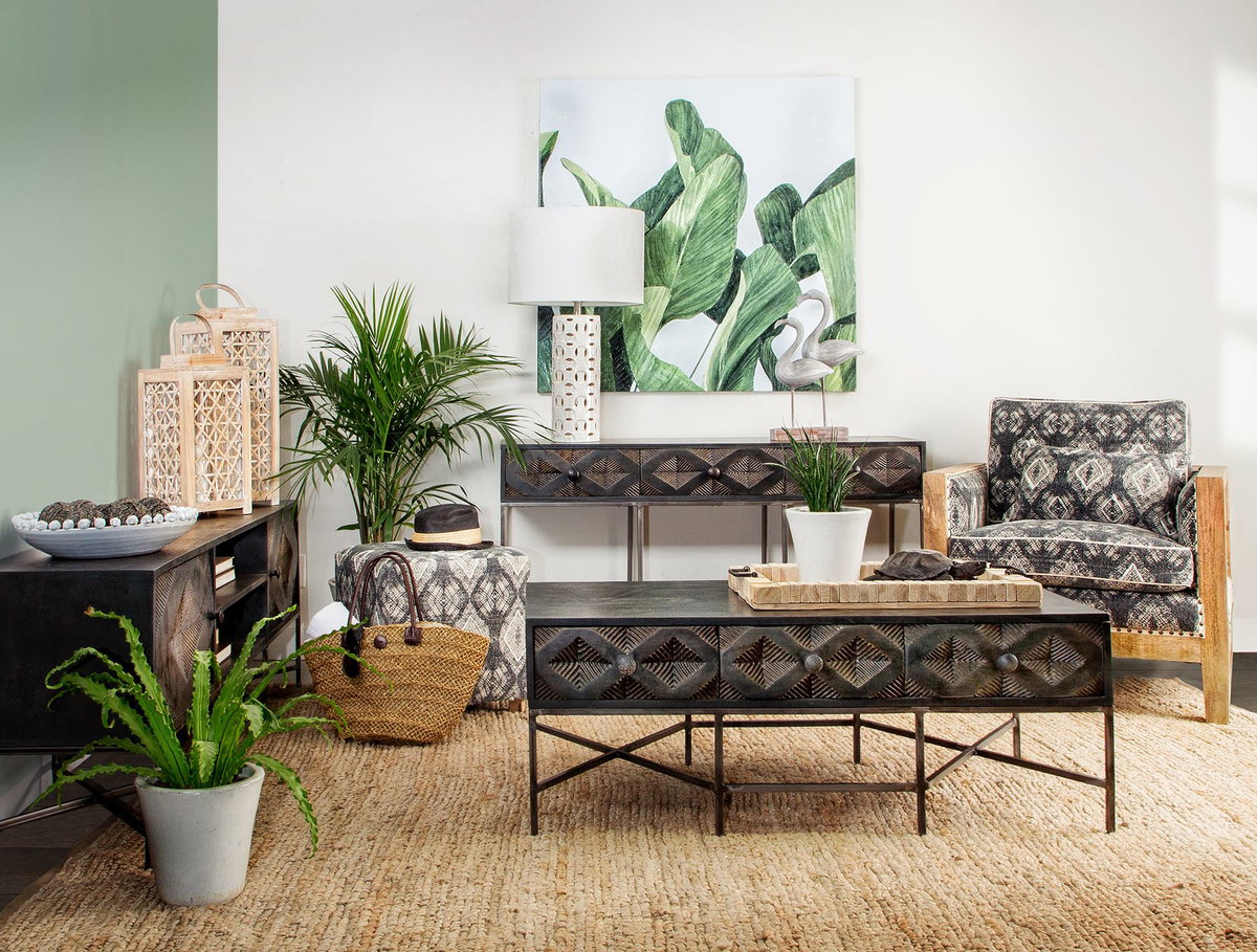 Hogarth 48x24 Rectangular Brown Solid Wood Top Iron Metal Base with 6 Drawers Coffee Table, by Mercana, 48" length x 26" width x 18" height View 2