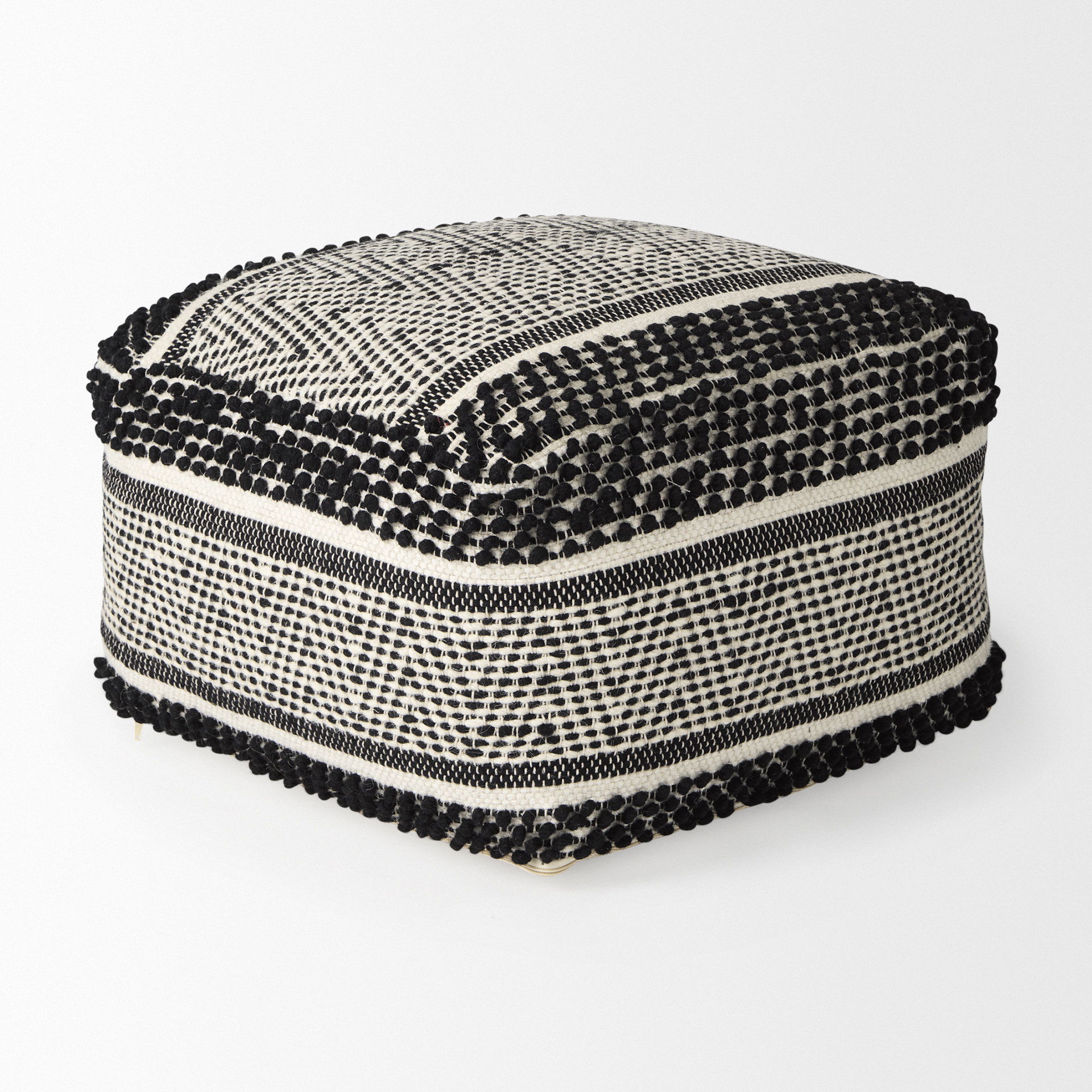 Garima   Black/White Wool and Cotton Patterned Pouf, Ottoman by Mercana, 22" length x 22" width x 14" height View 5