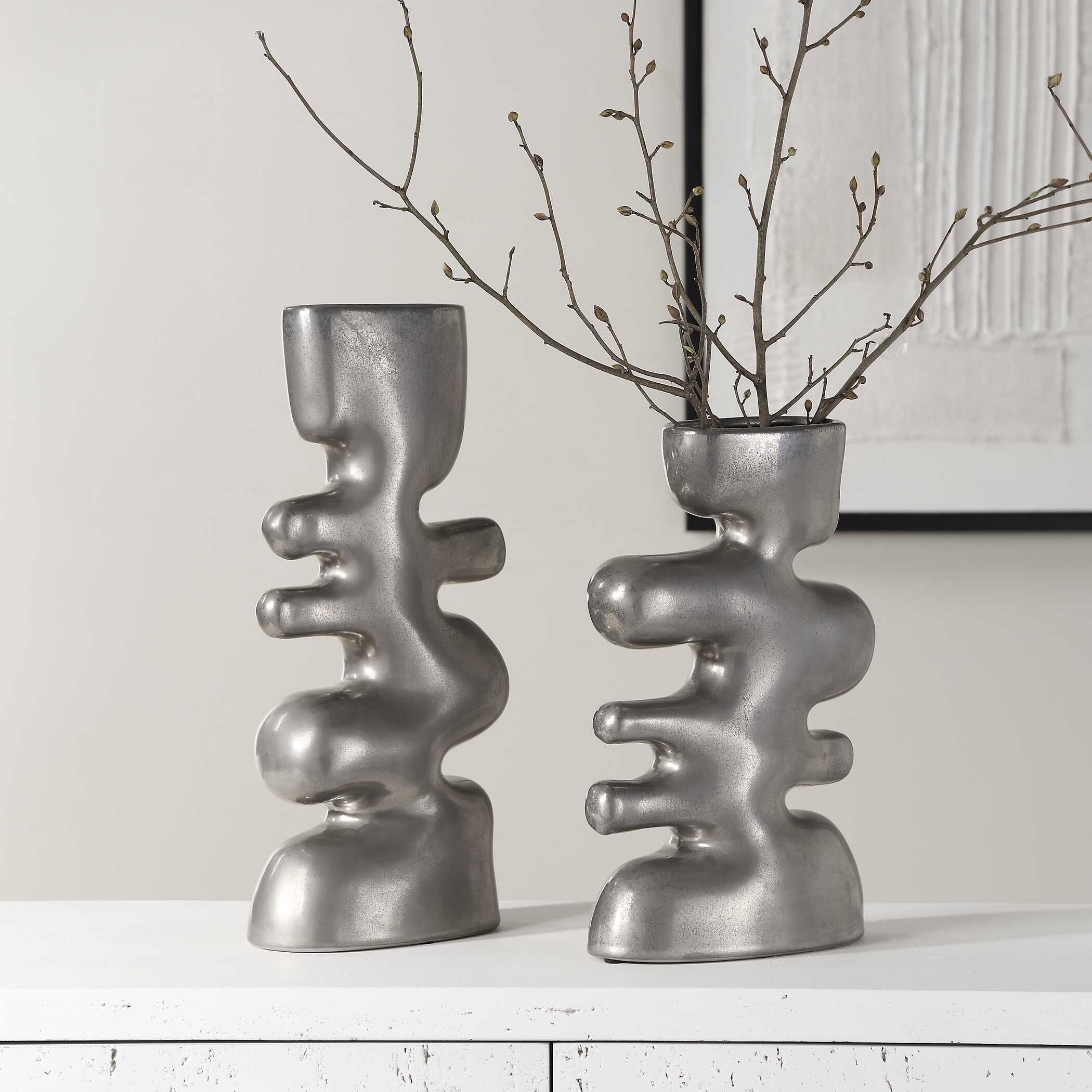 Free Flowing Nickel Vases Set/2, Decorative by Uttermost, 7" width x 14.25" height x 3.5" depth View 3