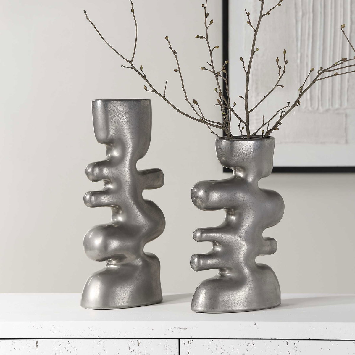 Free Flowing Nickel Vases Set/2, Decorative by Uttermost, 7" width x 14.25" height x 3.5" depth View 3