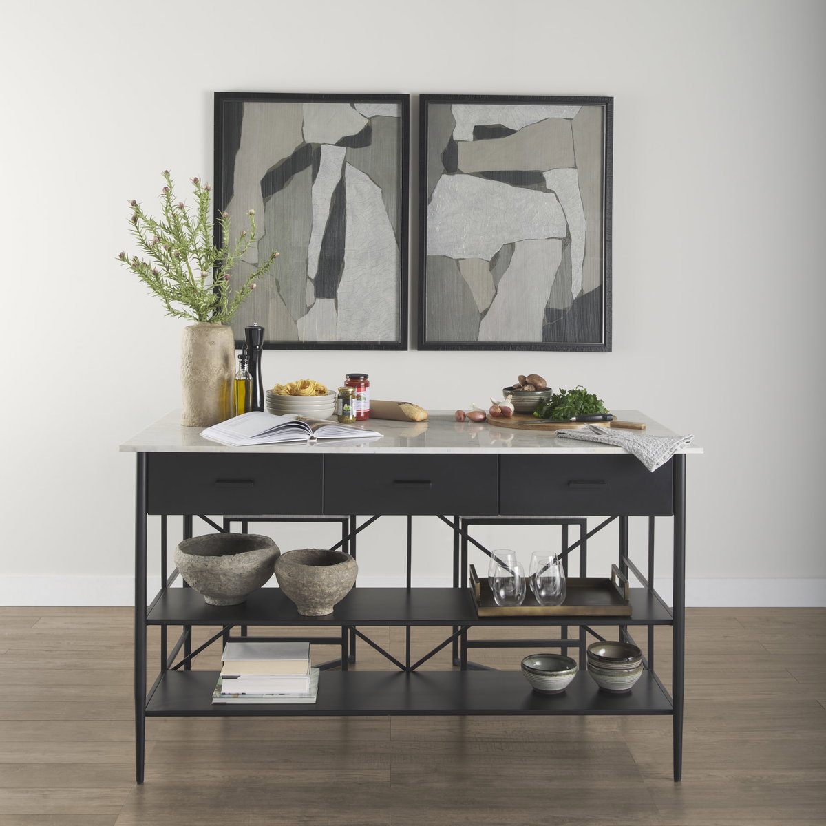 Amika White Marble Top Black Metal Base Kitchen Island, by Mercana, 62" length x 34" width x 36" height View 2