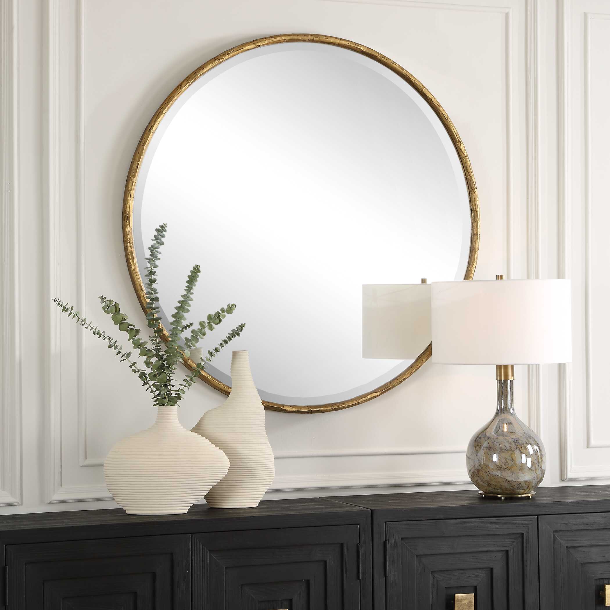 Sutton Aged Gold Round Mirror, by Uttermost, 47.25" width x 47.25" height x 1.5" depth View 4