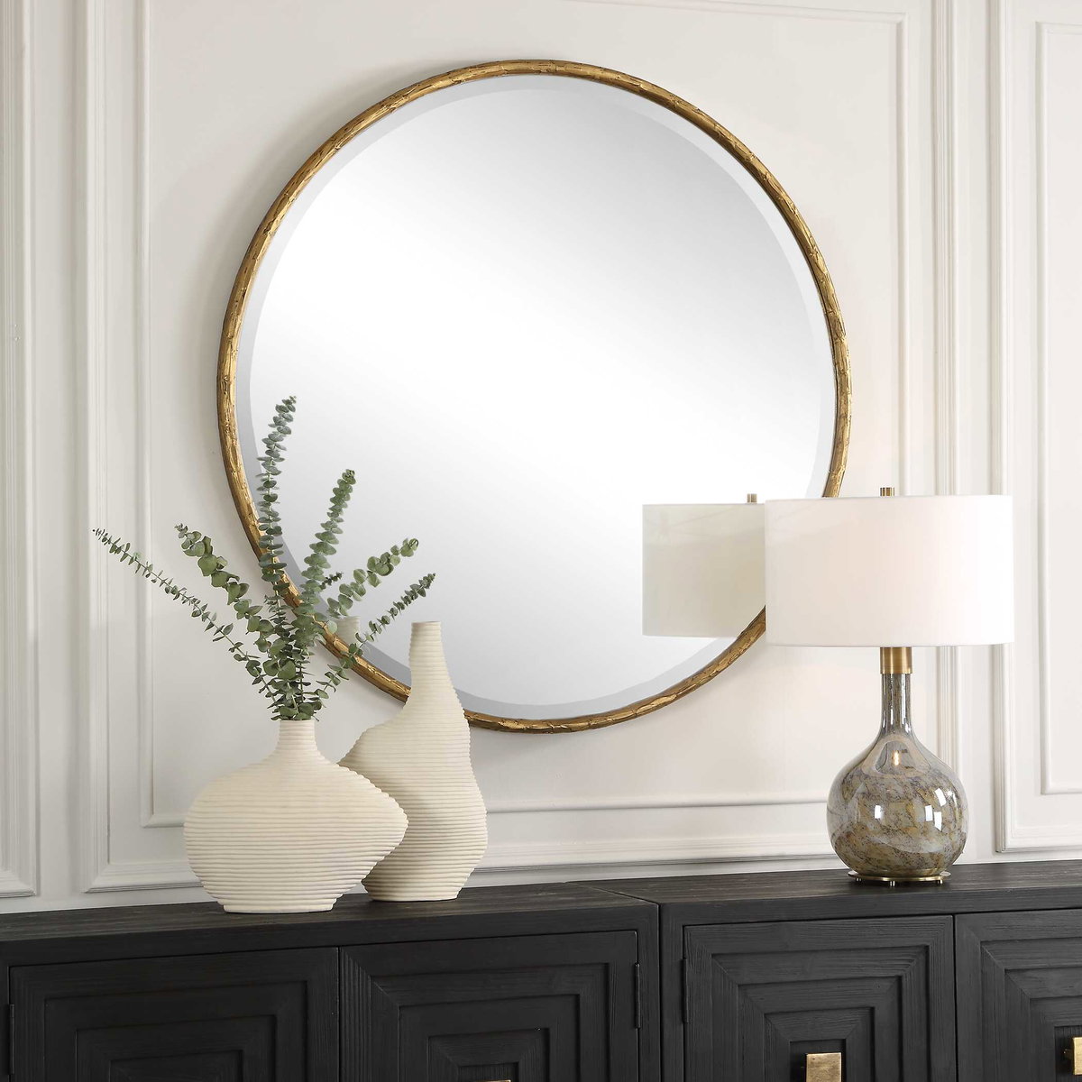 Sutton Aged Gold Round Mirror, by Uttermost, 47.25" width x 47.25" height x 1.5" depth View 4