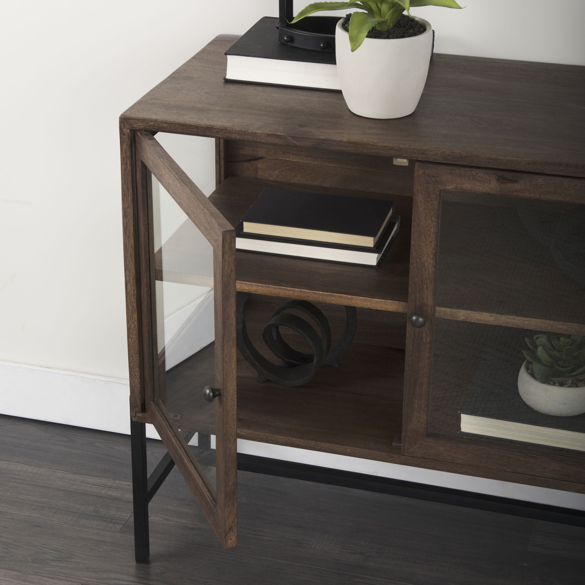 Arelius 36L x 18W x 32H Medium Brown Wood, Black Metal Base with 2 Glass Doors Accent Cabinet large image 