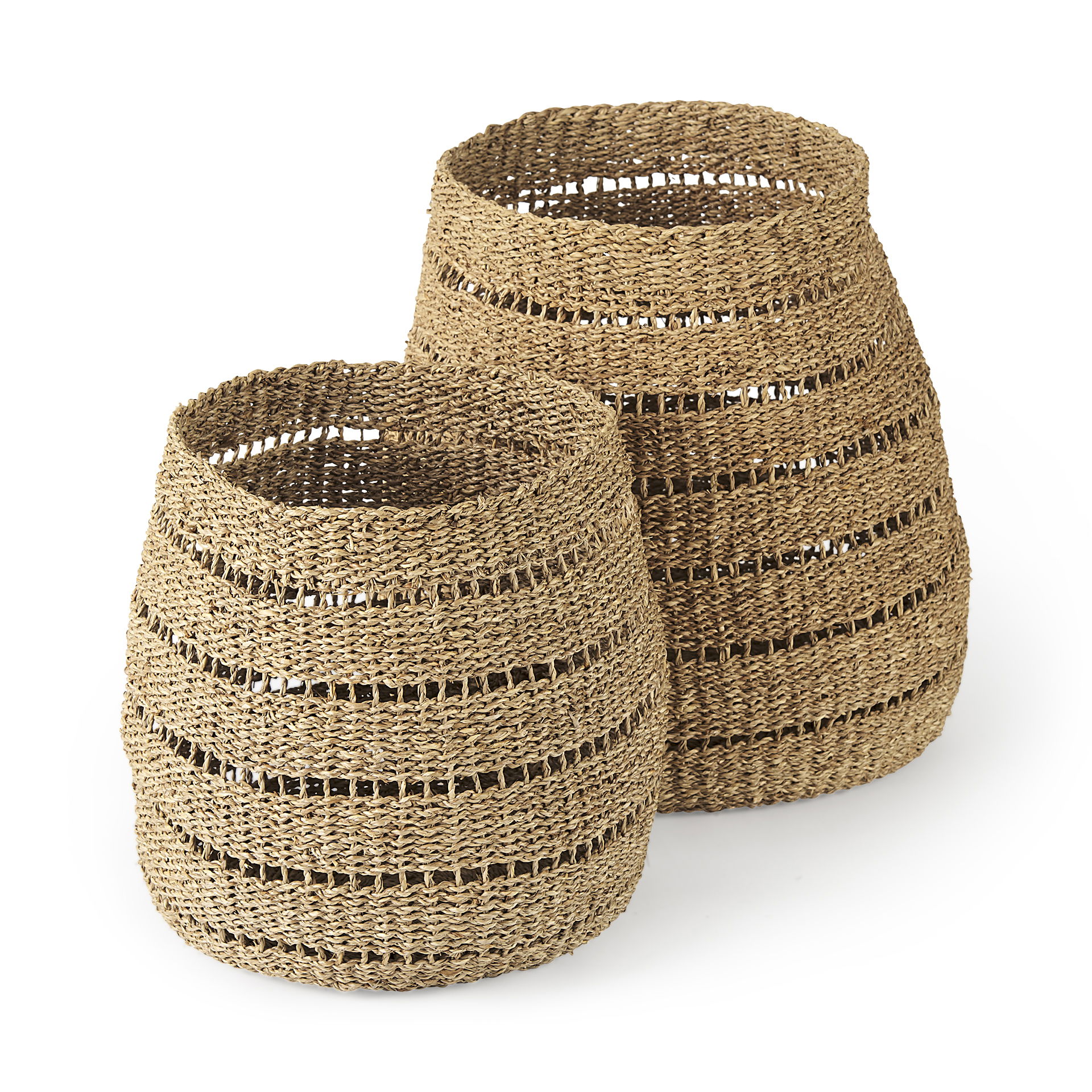 Hayes 17.7L x 17.7W x 11.8H (Set of 2) Medium Brown Seagrass Round Basket with Stripe Pattern, Bins & Basket by Mercana, 17.72" length x 17.72" width x 17.72" height View 1