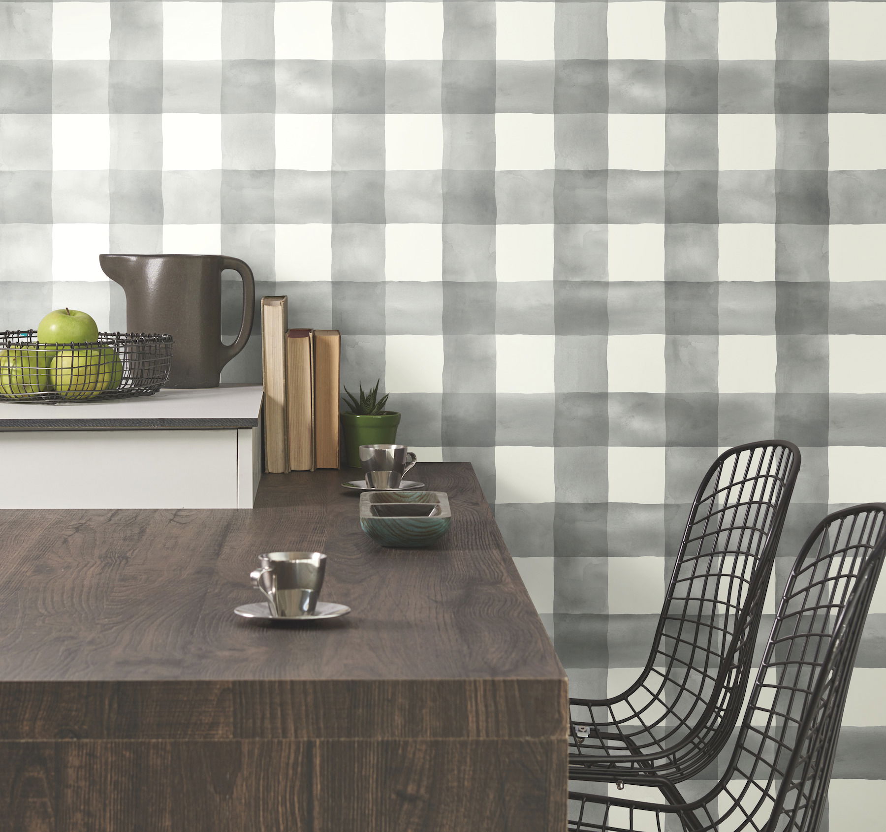 Checkmate Watercolor Plaid Grey Peel & Stick Wallpaper large image 