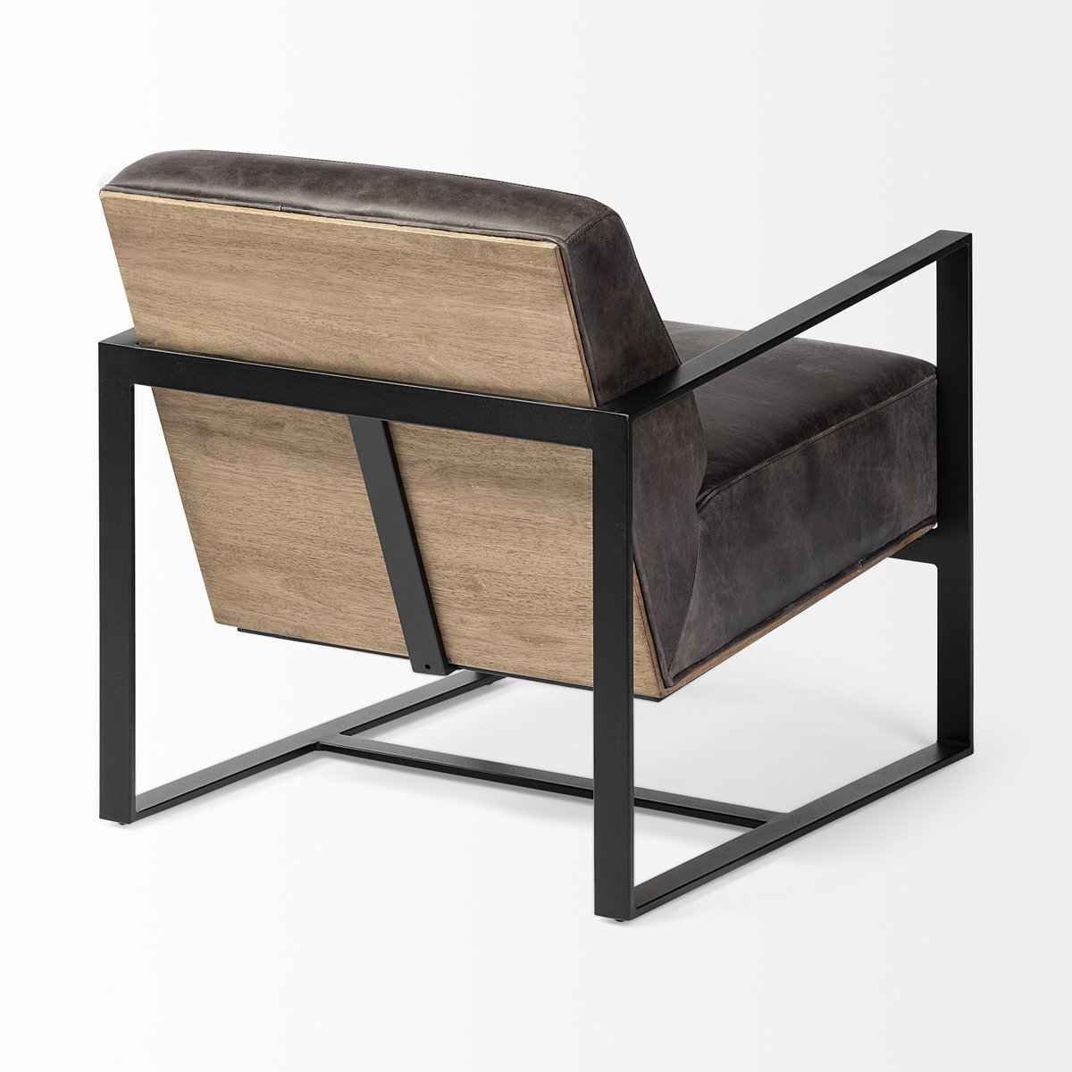 Stamford Black Genuine Leather Seat with Wood Back, Metal Frame Accent Chair, by Mercana, 24.41" length x 31.89" width x 28.94" height View 9