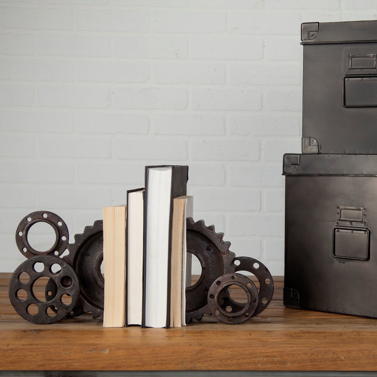 Cogsworth Set of 2 14L x 4W Brown Resin Industrial Gear Bookends, by Mercana, 13.58" length x 4" width x 8.07" height View 3