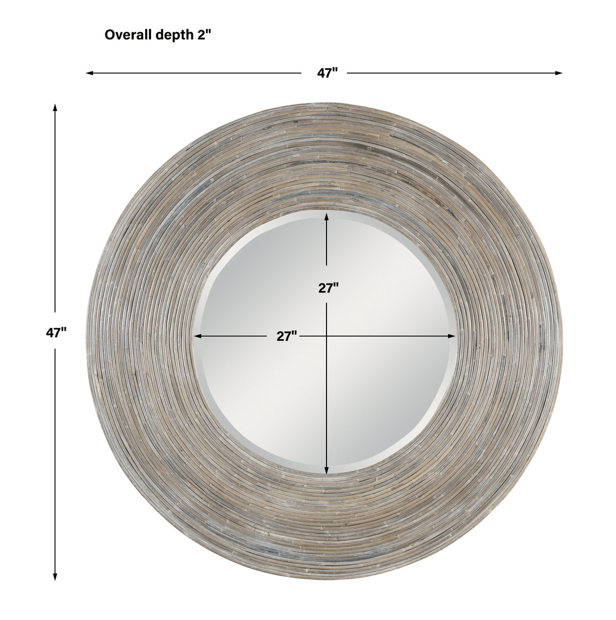 Vortex White Washed Round Mirror, by Uttermost, 47" width x 2" height x 47" depth View 3
