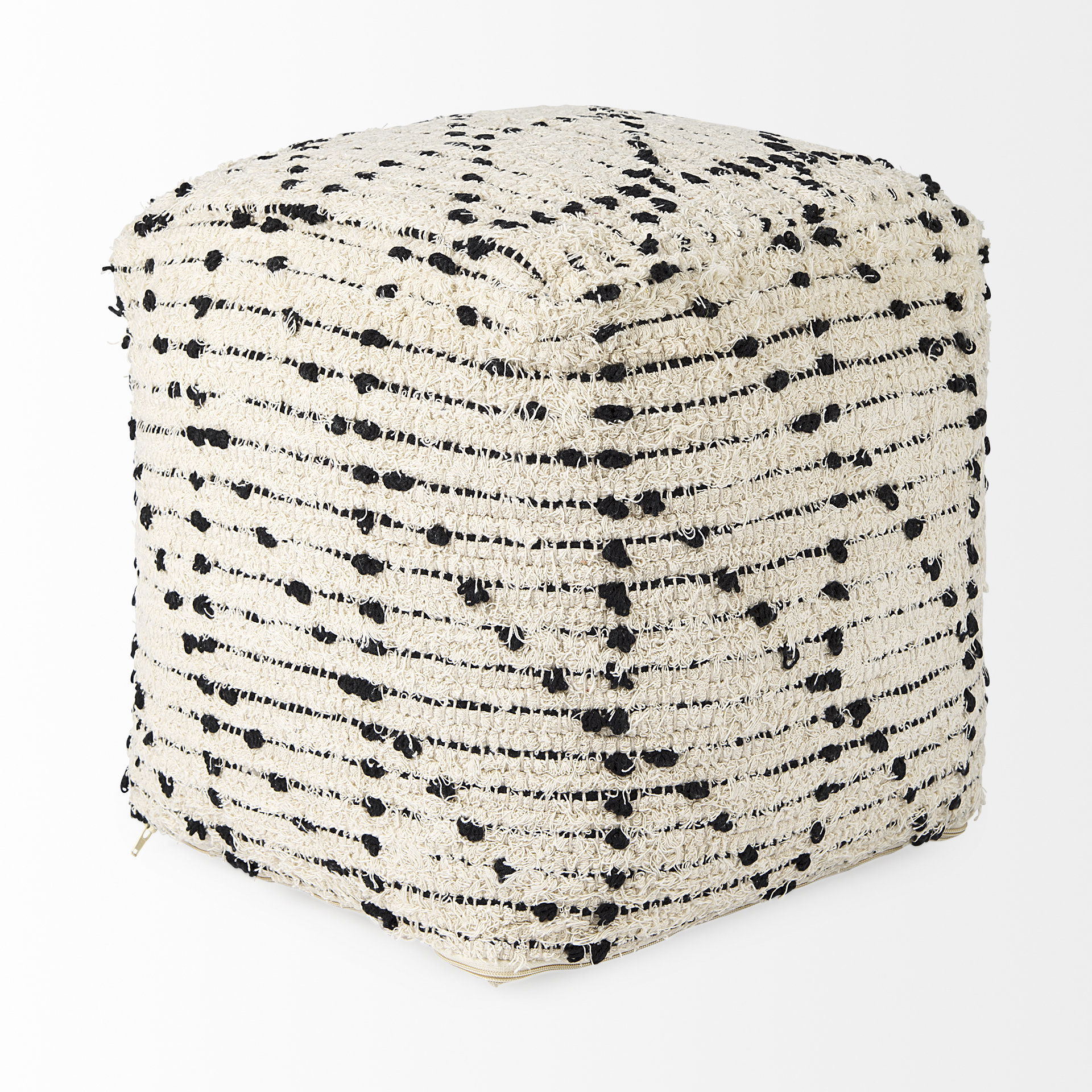 Aarohi  Cream/Black Cotton Patterned Pouf, Ottoman by Mercana, 16" length x 16" width x 16" height View 6